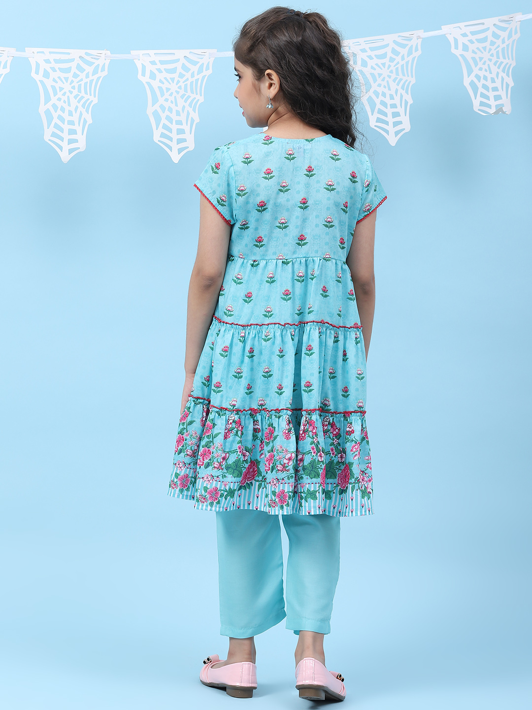 Sky Blue Art Silk Straight Printed Kurta image number 4