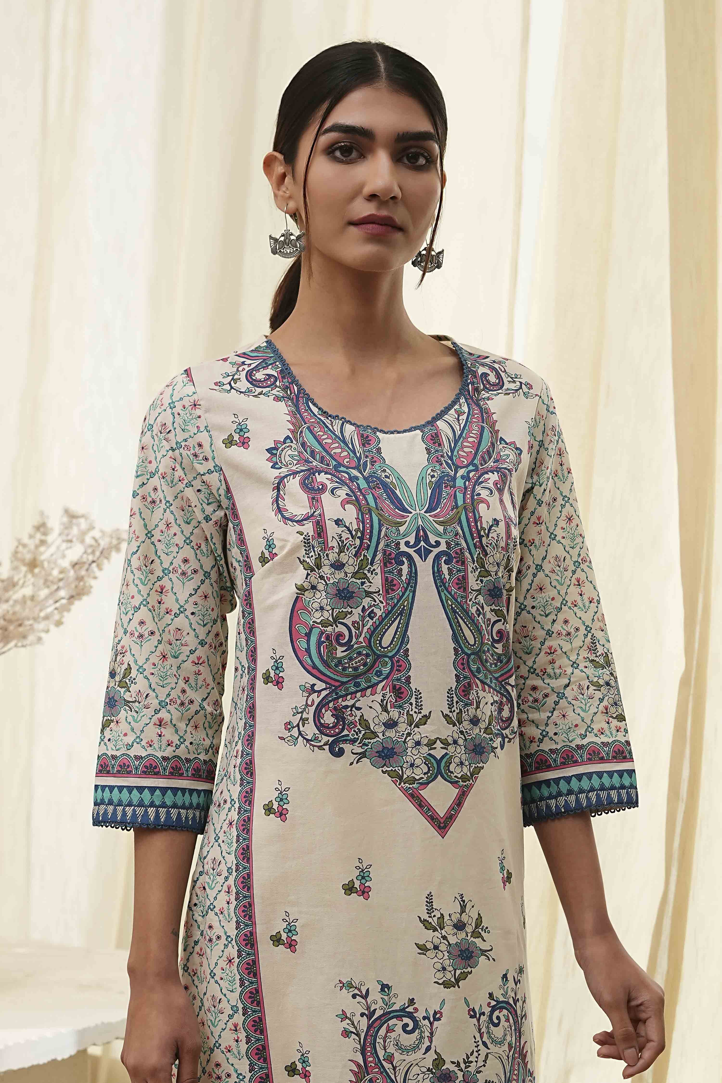 Blue Pure Cotton Printed Straight Kurta image number 1