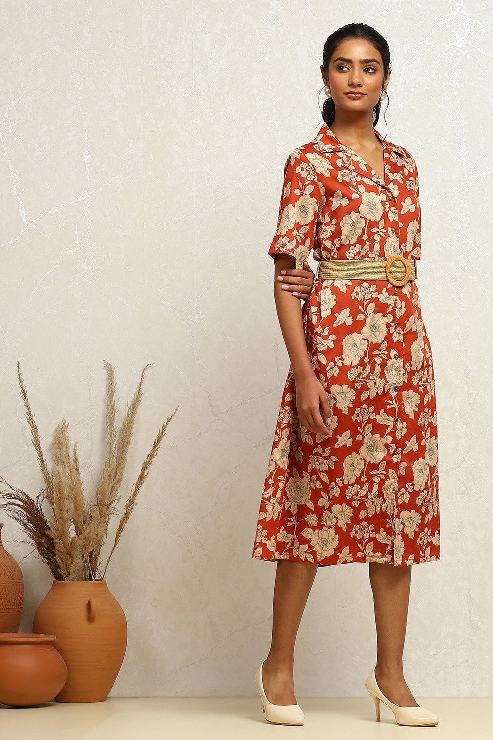 Dark Green Pure Cotton Floral Printed Straight Dress image number 4