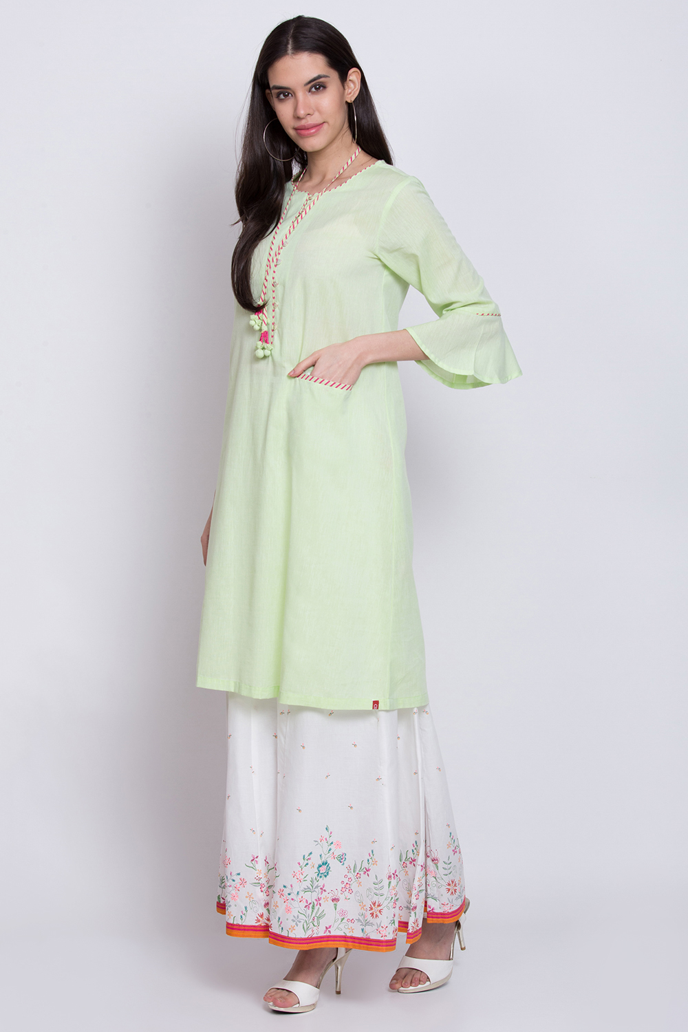 Green Cotton A-Line Printed Kurta image number 2