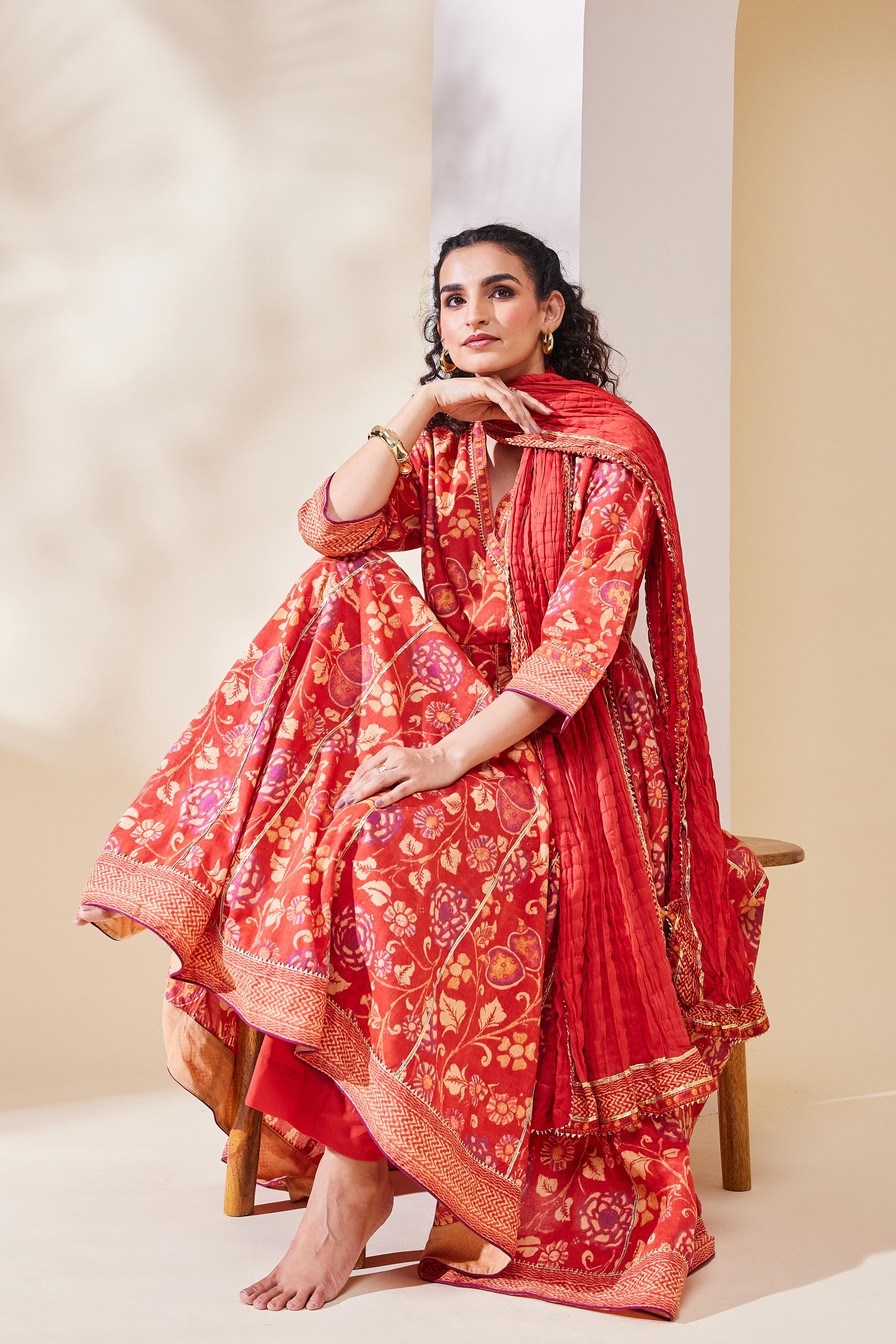 Rust Cotton Anarkali Suit Set image number 0