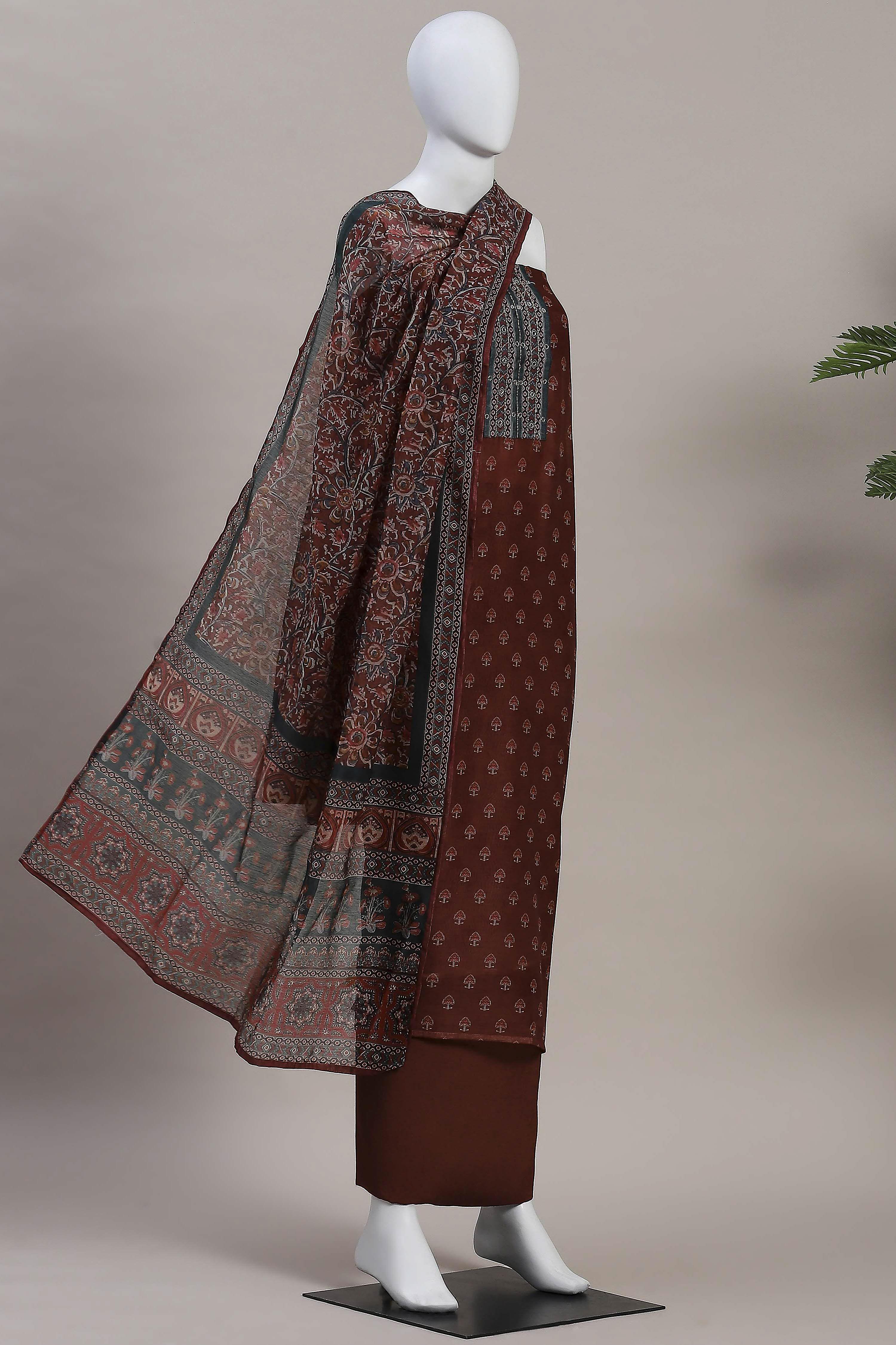 Olive Green Chanderi Rajasthani Print Unstitched Suit Set image number 4