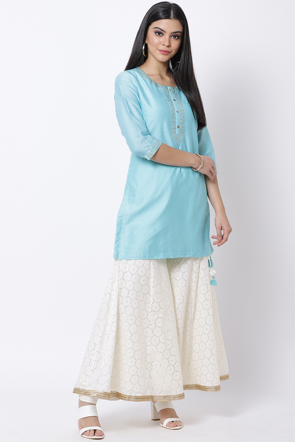 Sky Blue Cotton Kurta Kurta Garara Suit Set image number 3