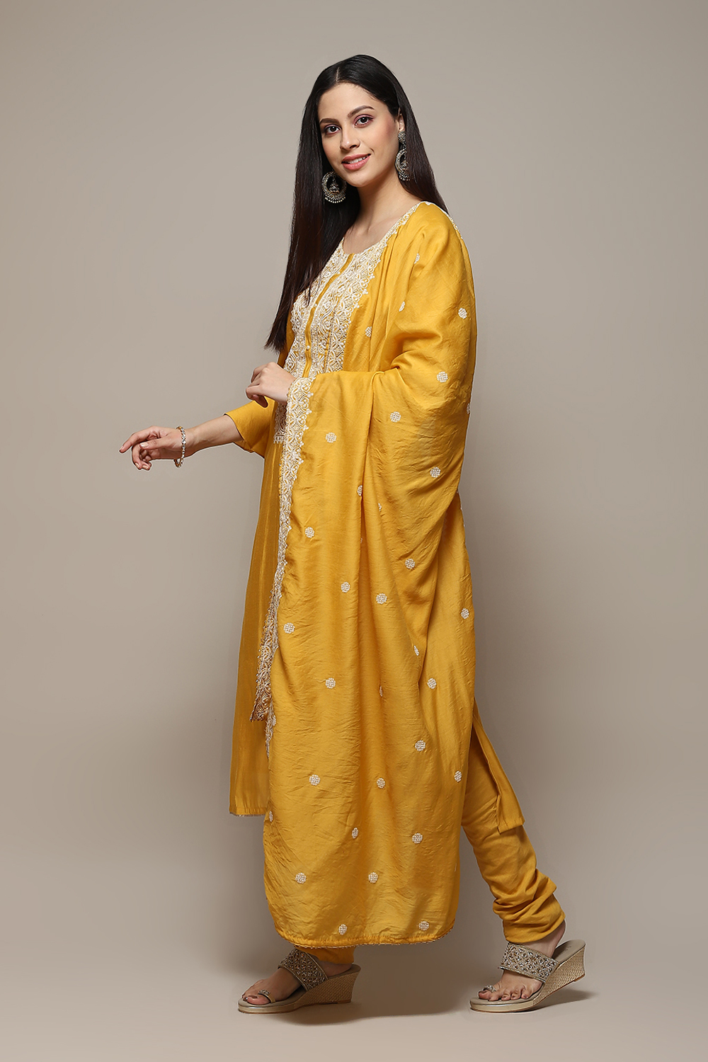 Yellow Chanderi Hand Embroidered Unstitched Suit Set image number 6