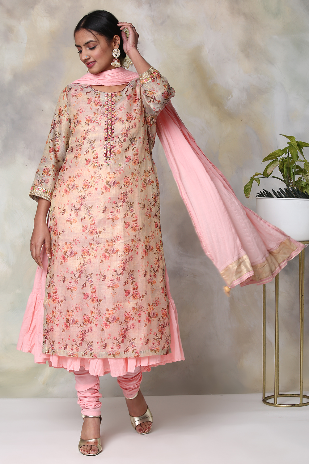 Blush Pink Cotton Double Layered Kurta Churidar Suit Set image number 0