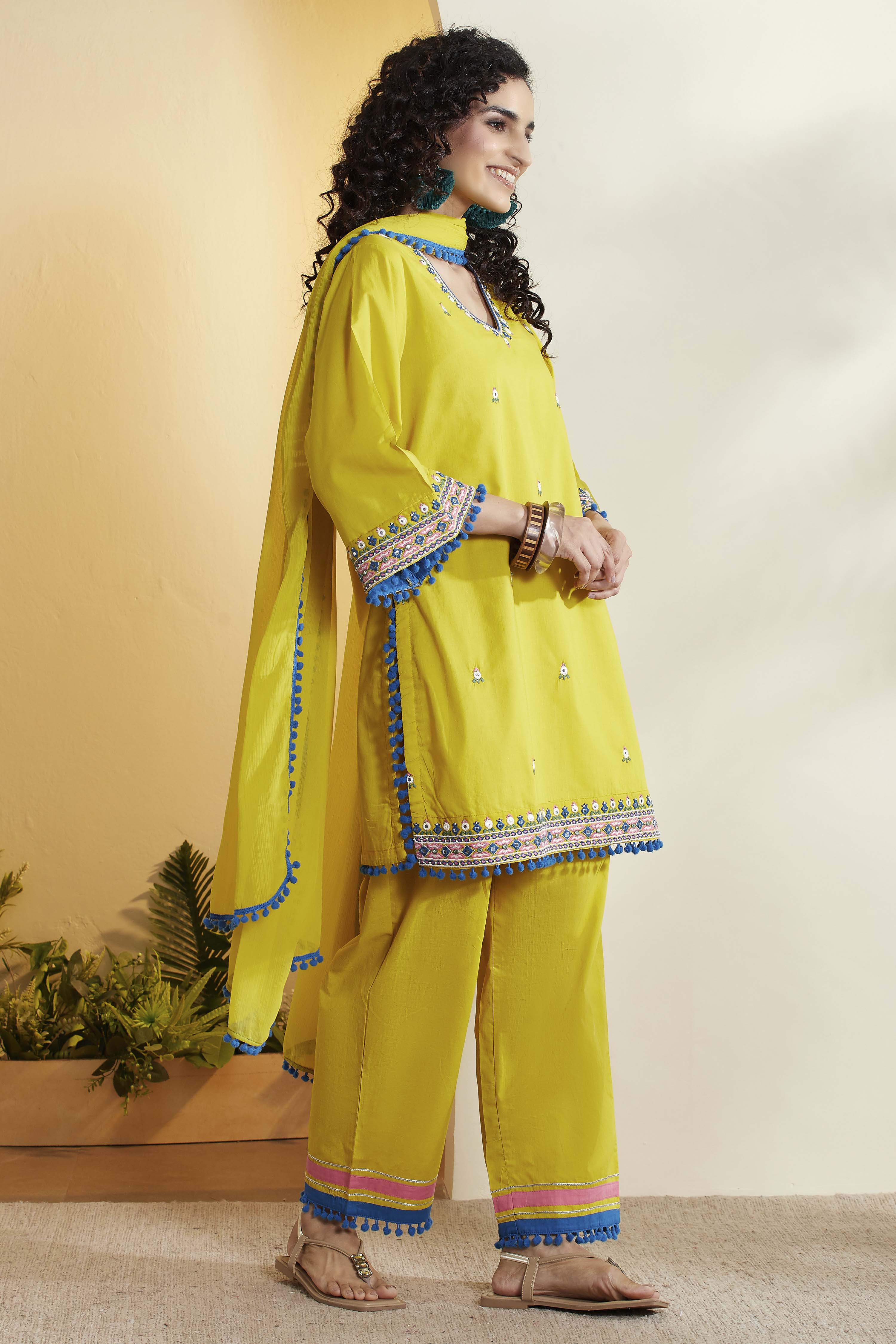 Lime Green Embroidered Cotton Kurta Set image number 5