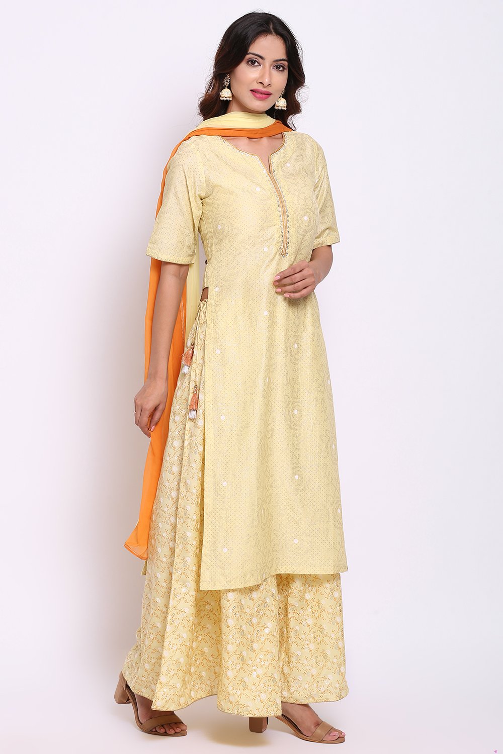 Lime Yellow Art Silk Kurta Sharara Suit Set image number 3