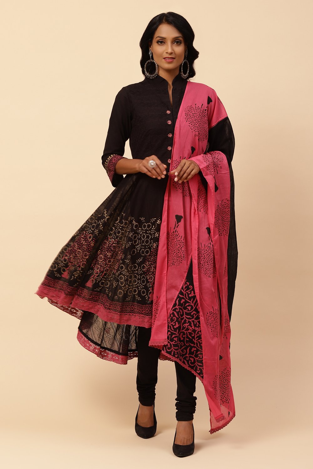 Black Cotton Asymmetric Kurta Churidar Suit Set image number 0