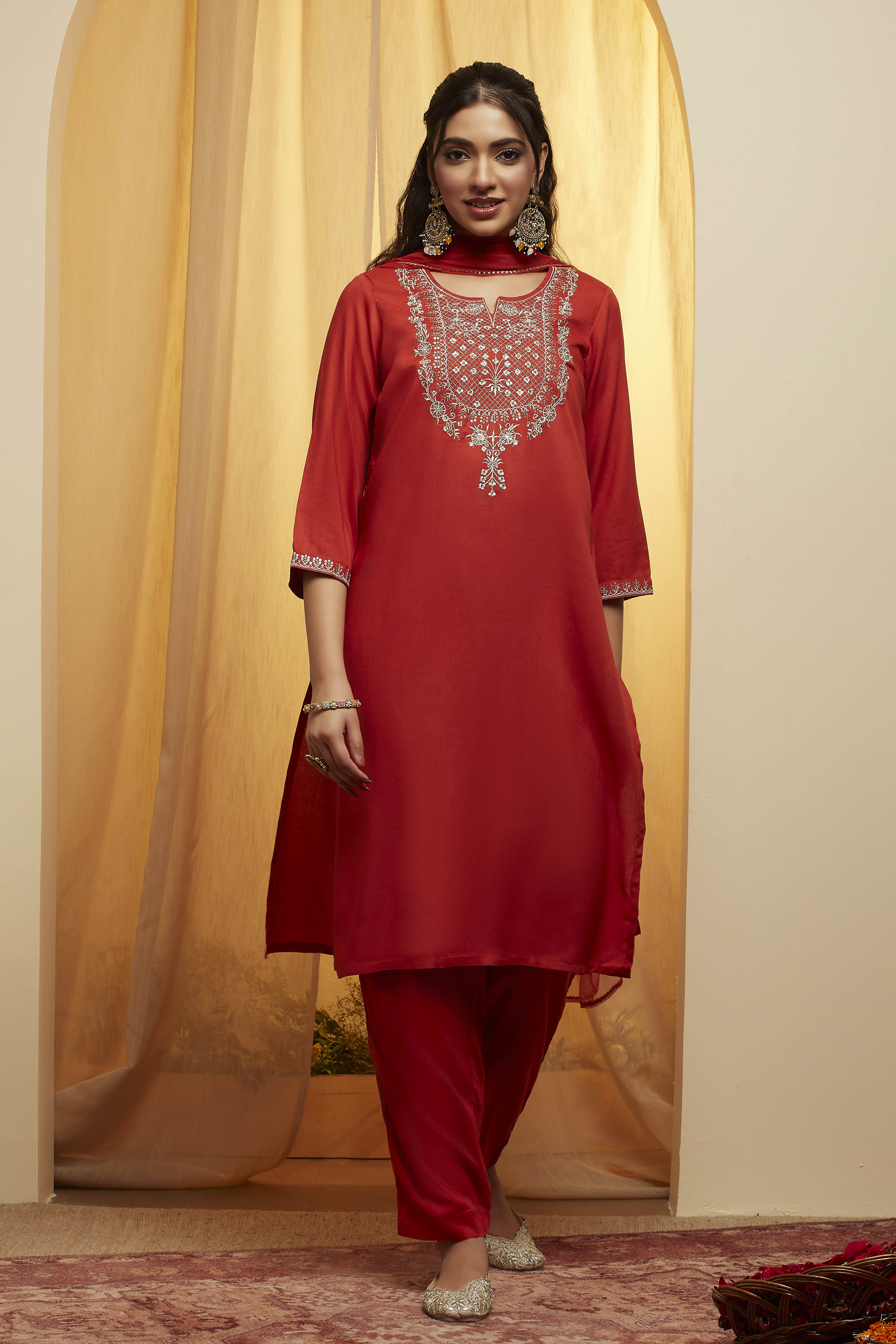 Red Solid Rayon Embroidered Yoke Kurta Set image number 0