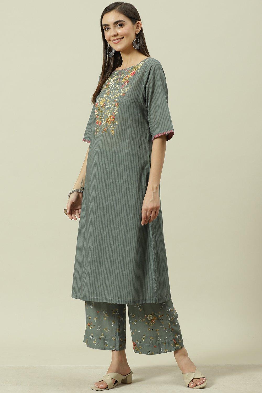 Mustard Printed Cotton Straight Kurta Palazzo Suit Set image number 3