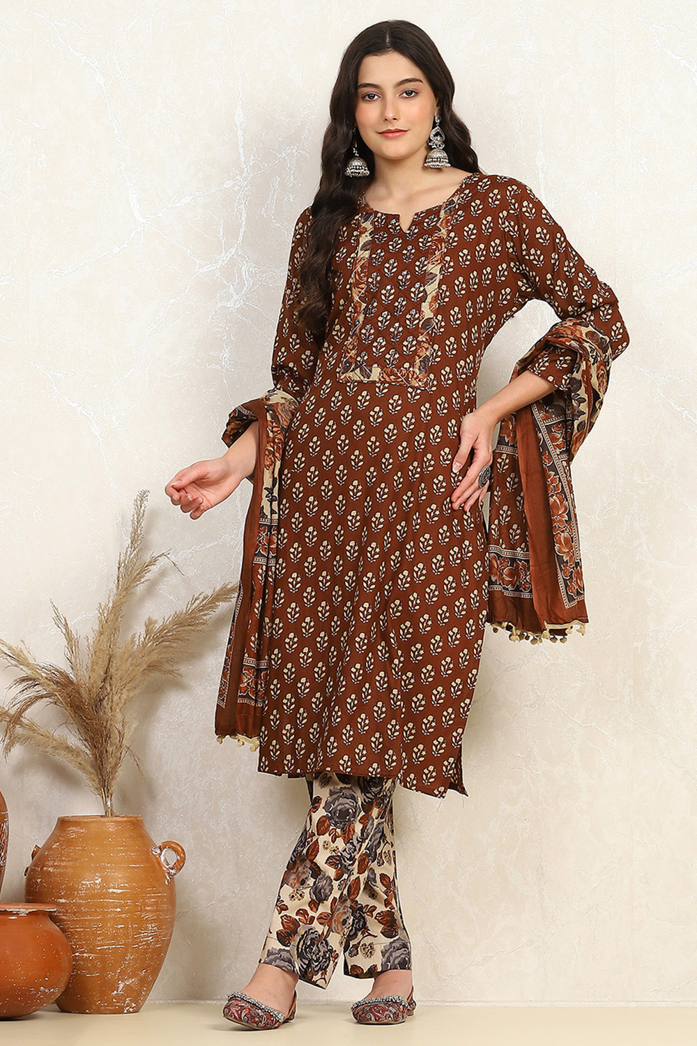 Rust Cotton Unstitched Suit Set image number 1