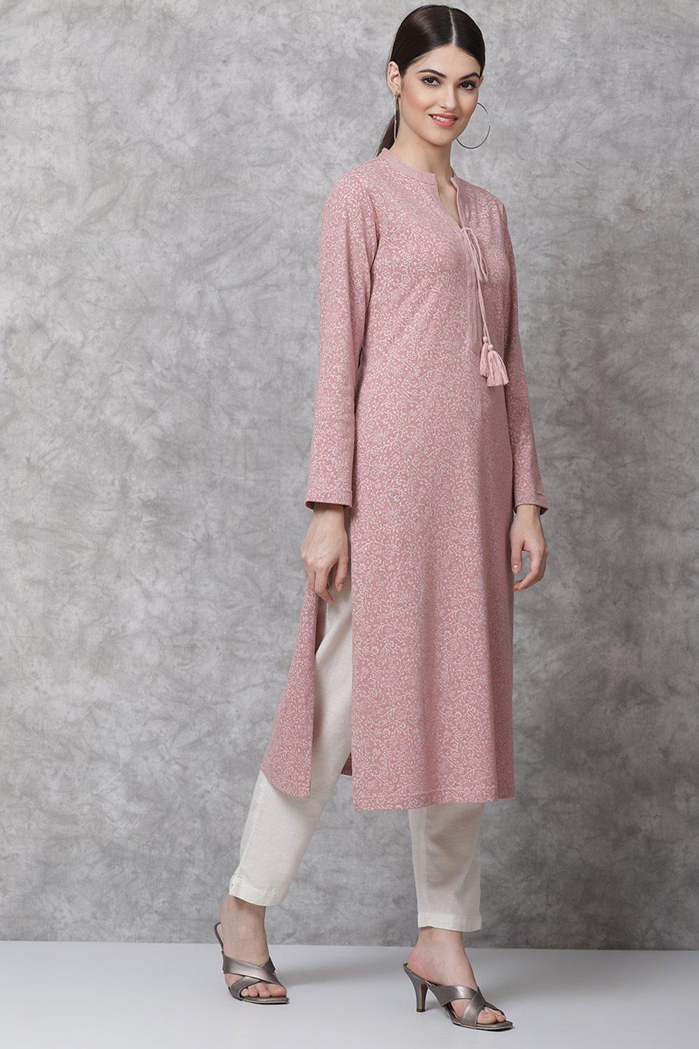 Blush Pink Cotton Straight Printed Kurta image number 3