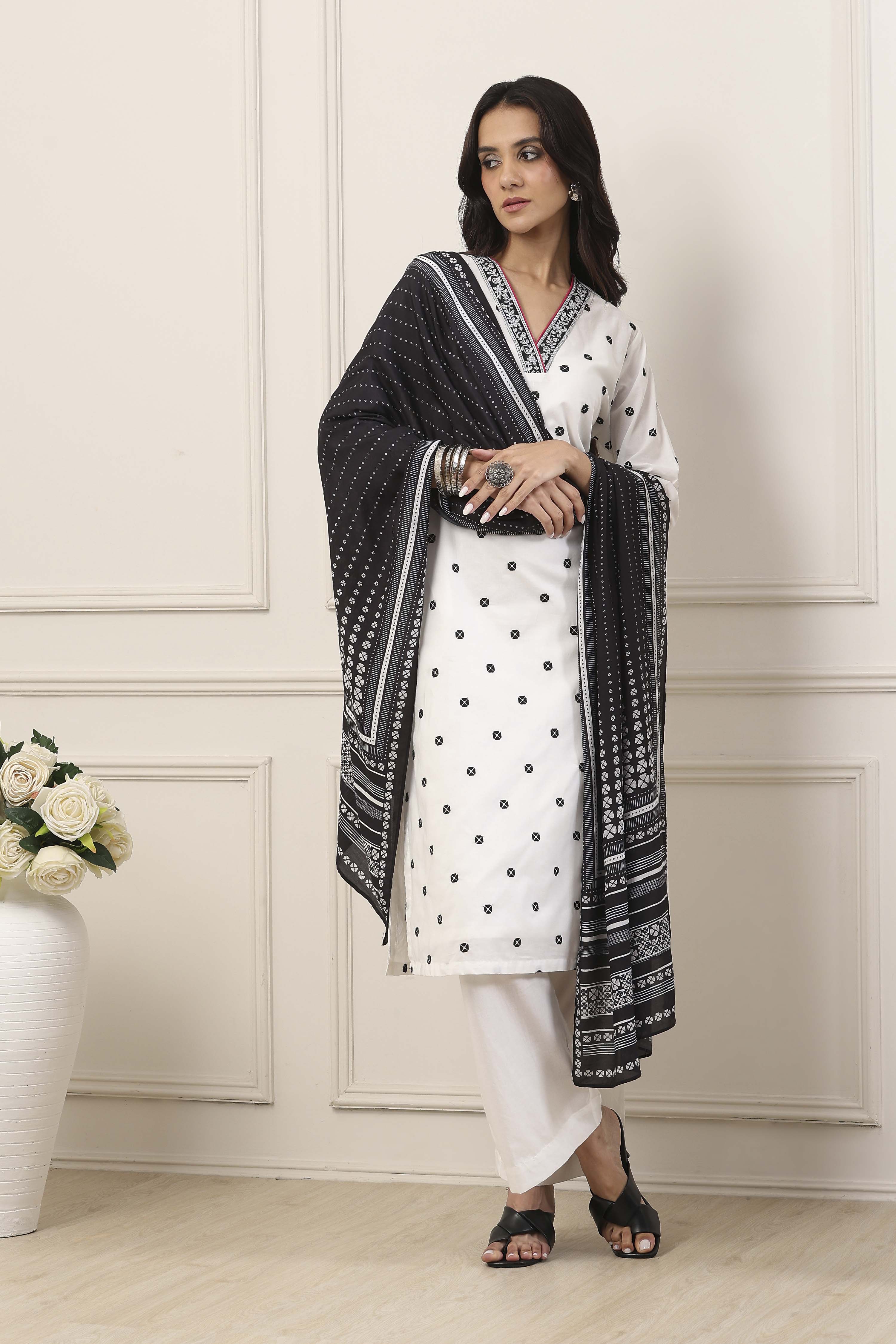 White & Black Cotton Floral Embroidered Straight Suit Set image number 0