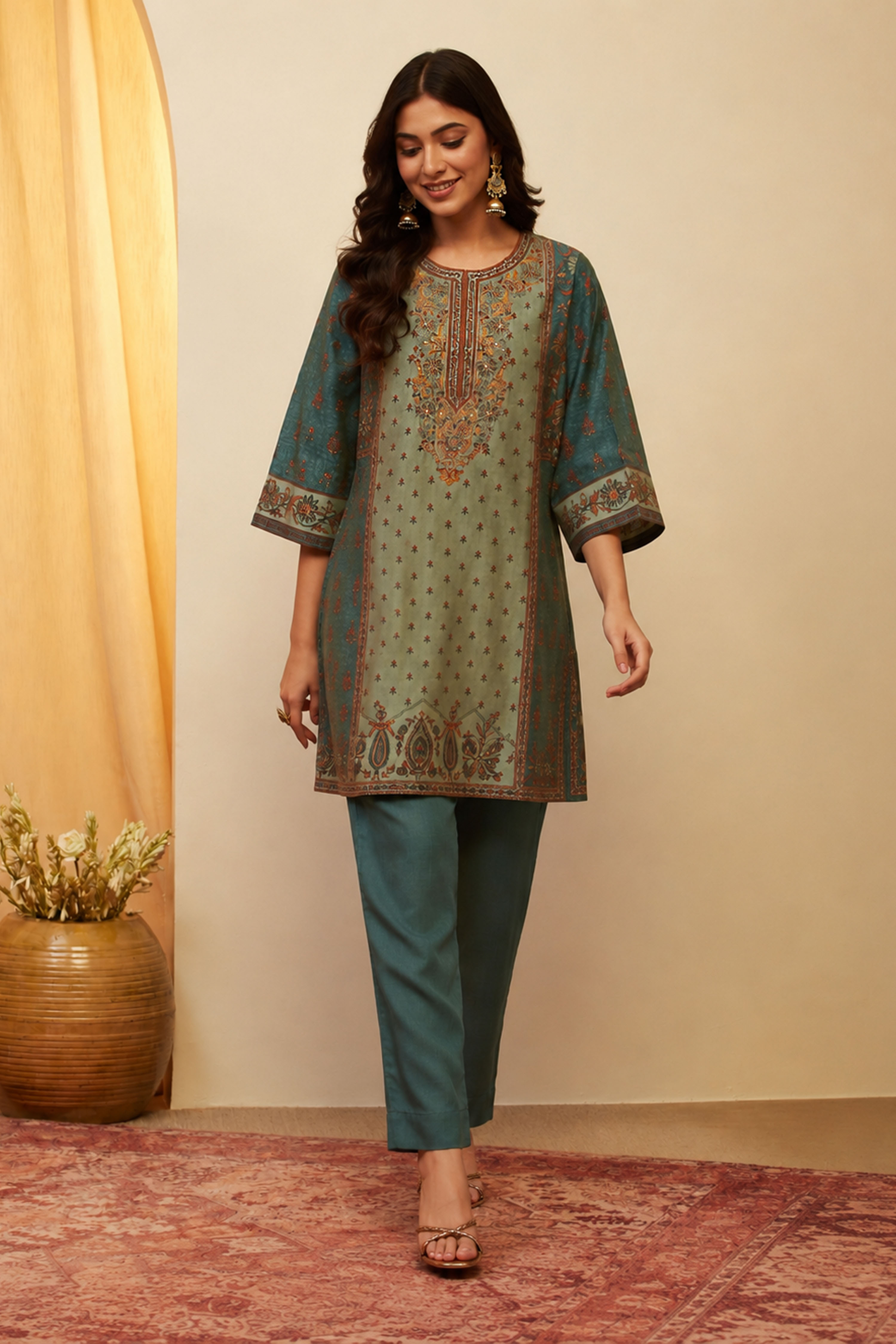 Teal Viscose Blend Printed Straight Kurta Set image number 0