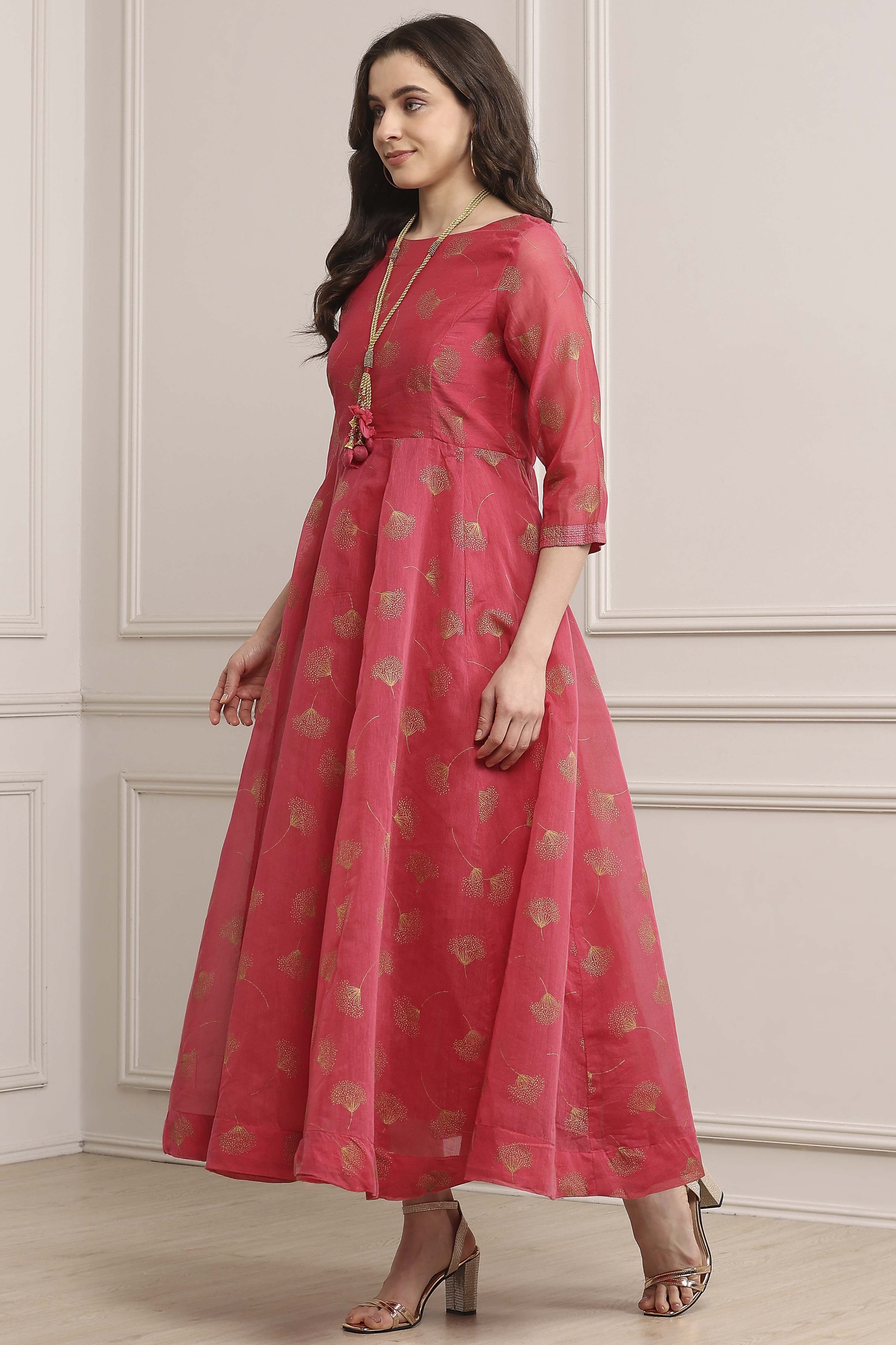Pink Cotton Blend Flared Printed Dress image number 2