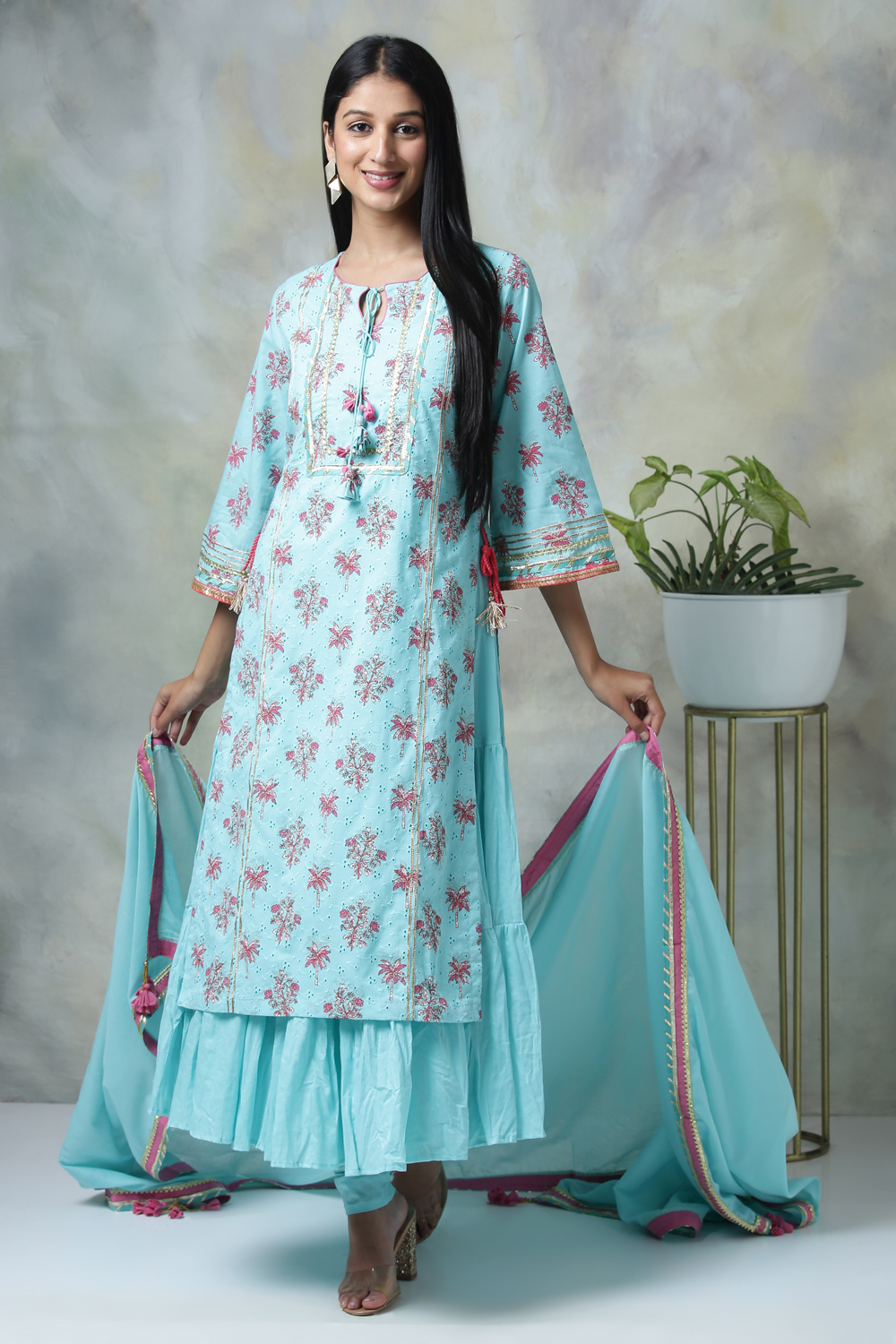 Turquoise Cotton Double Layered Kurta Churidar Suit Set image number 5