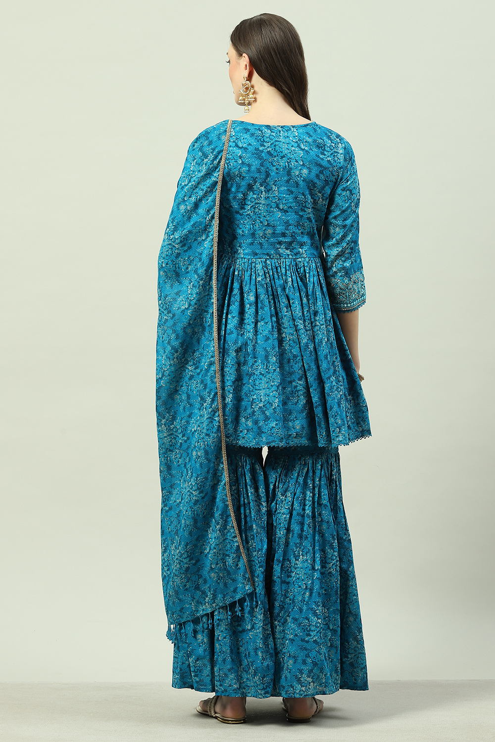 Teal Blue Cotton Anarkali Kurta Garara Suit Set image number 4