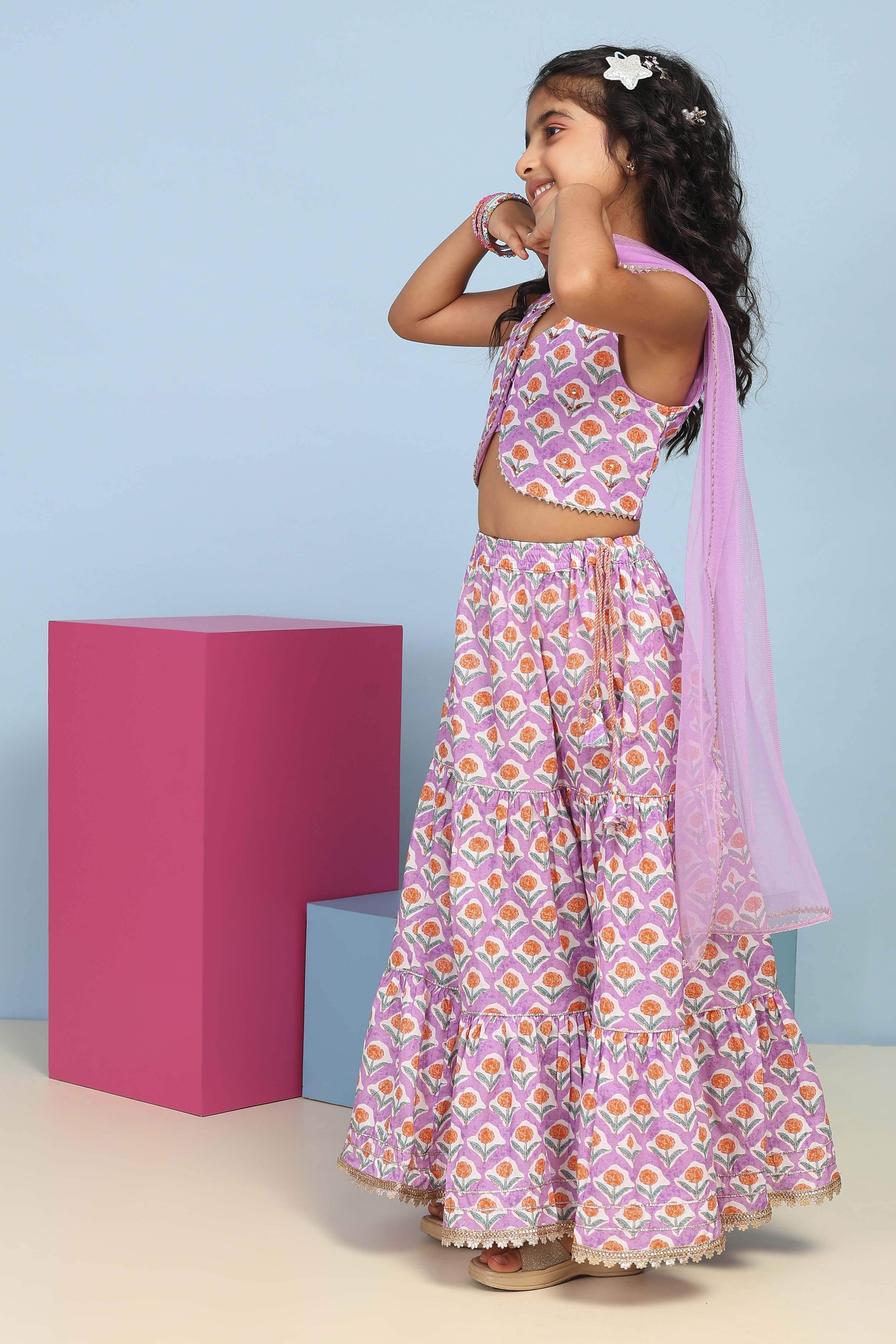 Lilac Cotton Printed Straight Lehenga Set image number 3
