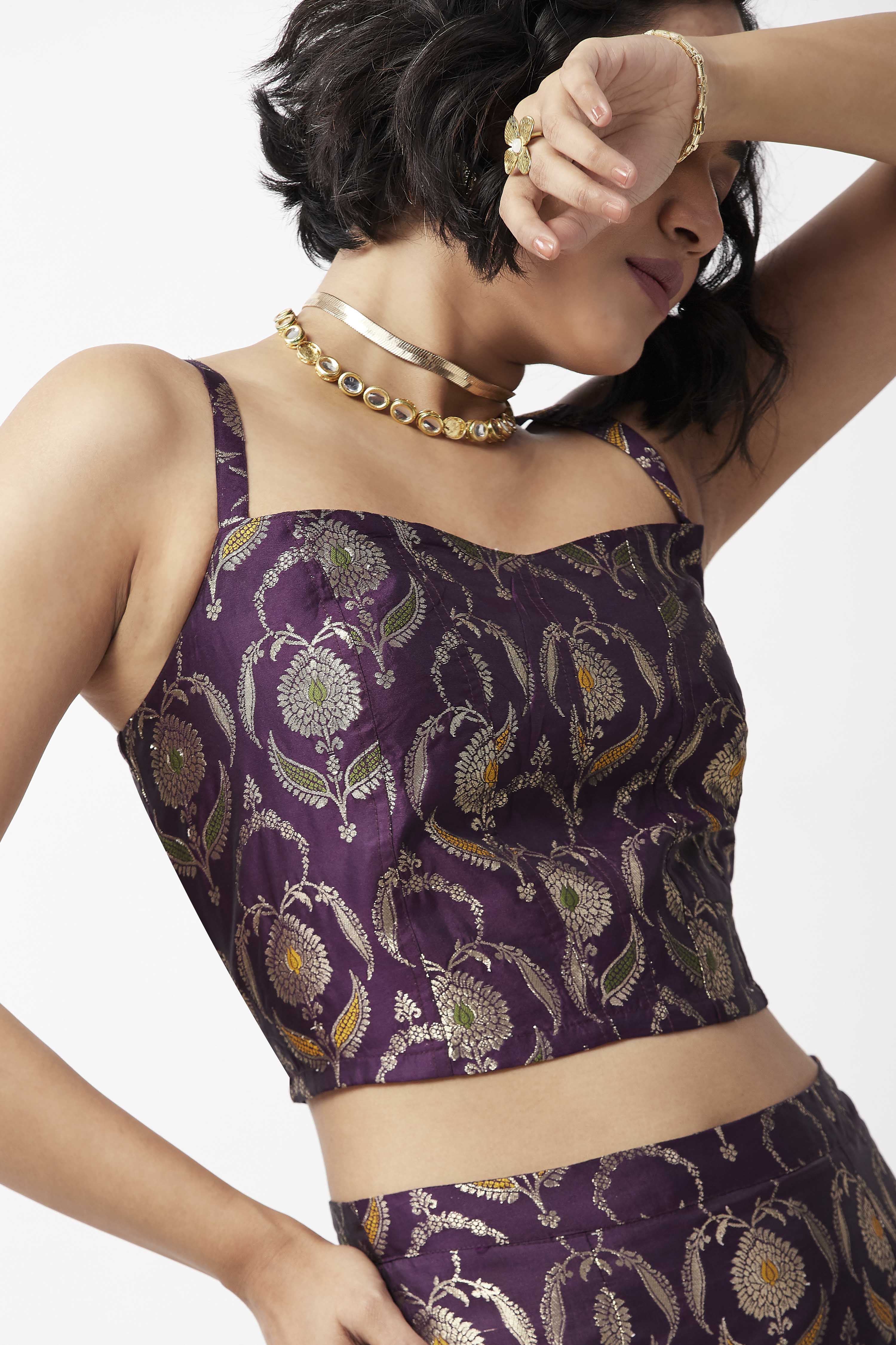 Purple Yarndyed Floral Fitted Crop Top image number 1