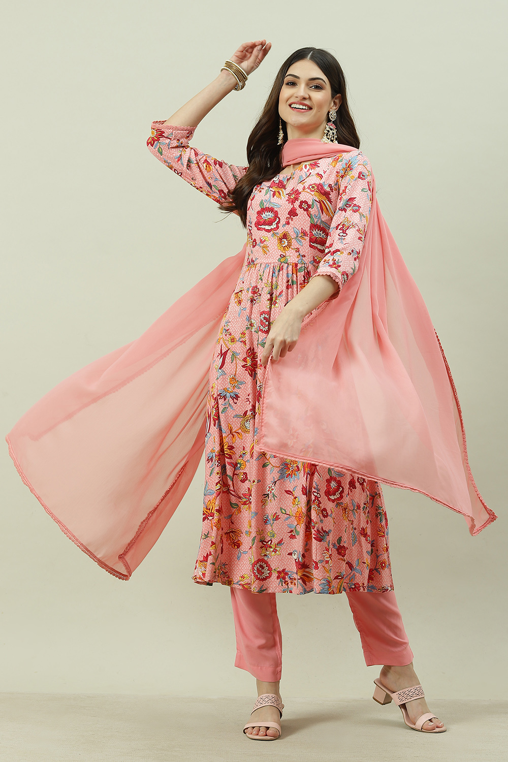 Pink Rayon A-Line Kurta Slim Pant Suit Set image number 6