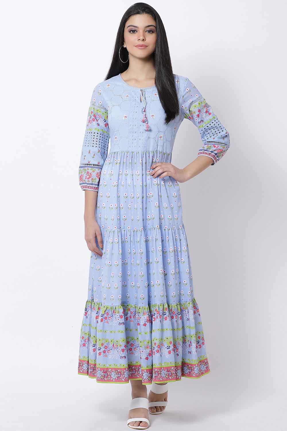 Cyan Blue Cotton Tiered Printed Dress image number 2