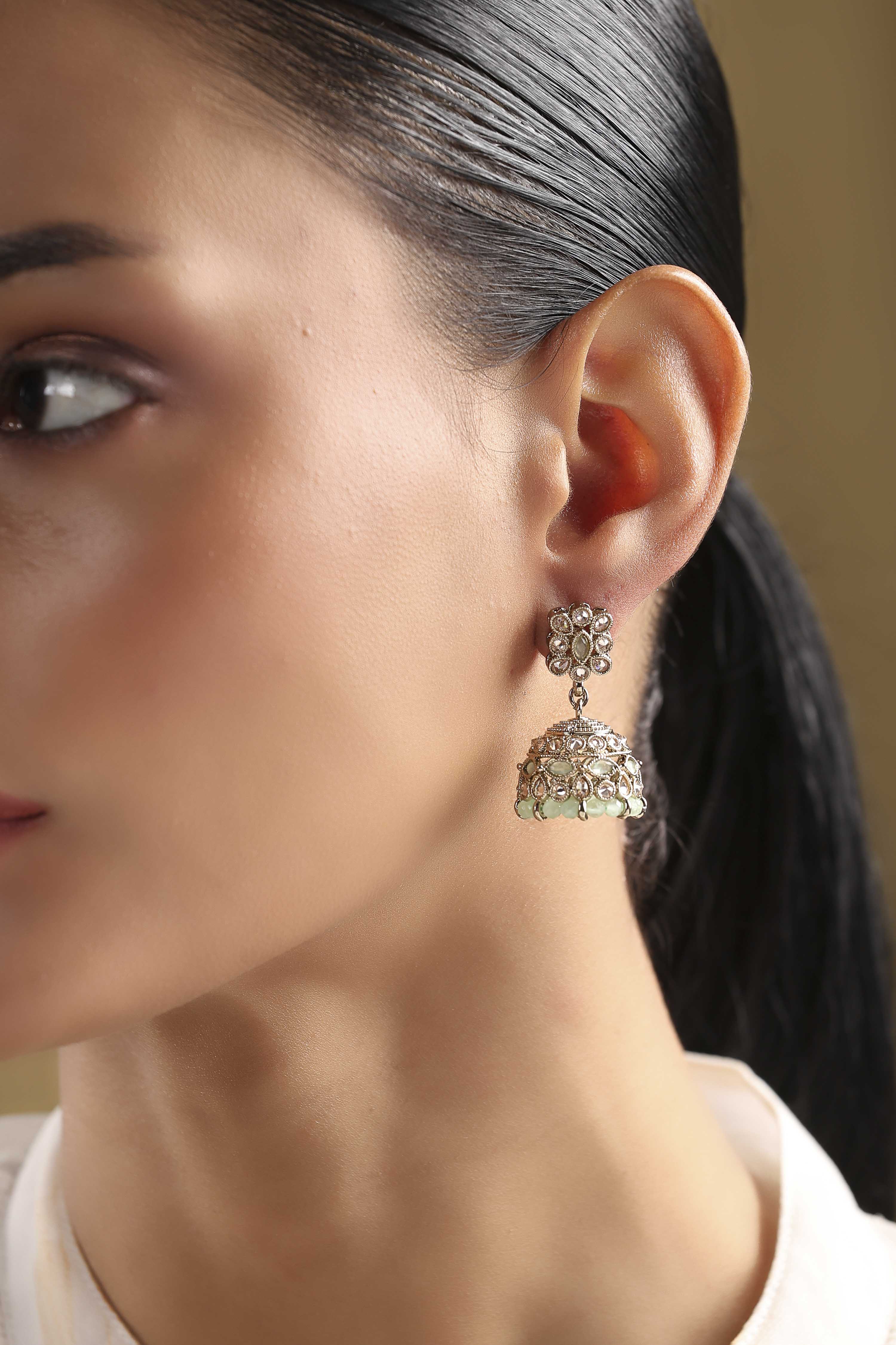 Mint Green Gold Plated Alloy Studded Jhumkas image number 1