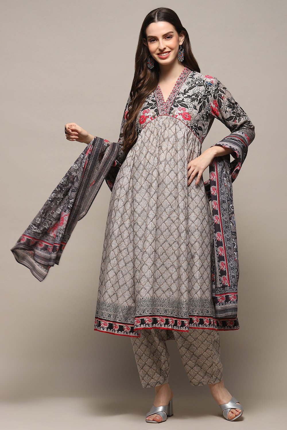 Buy Grey Cotton Gathered Suit Set (Kurta, Salwar, Dupatta) for INR5495 ...