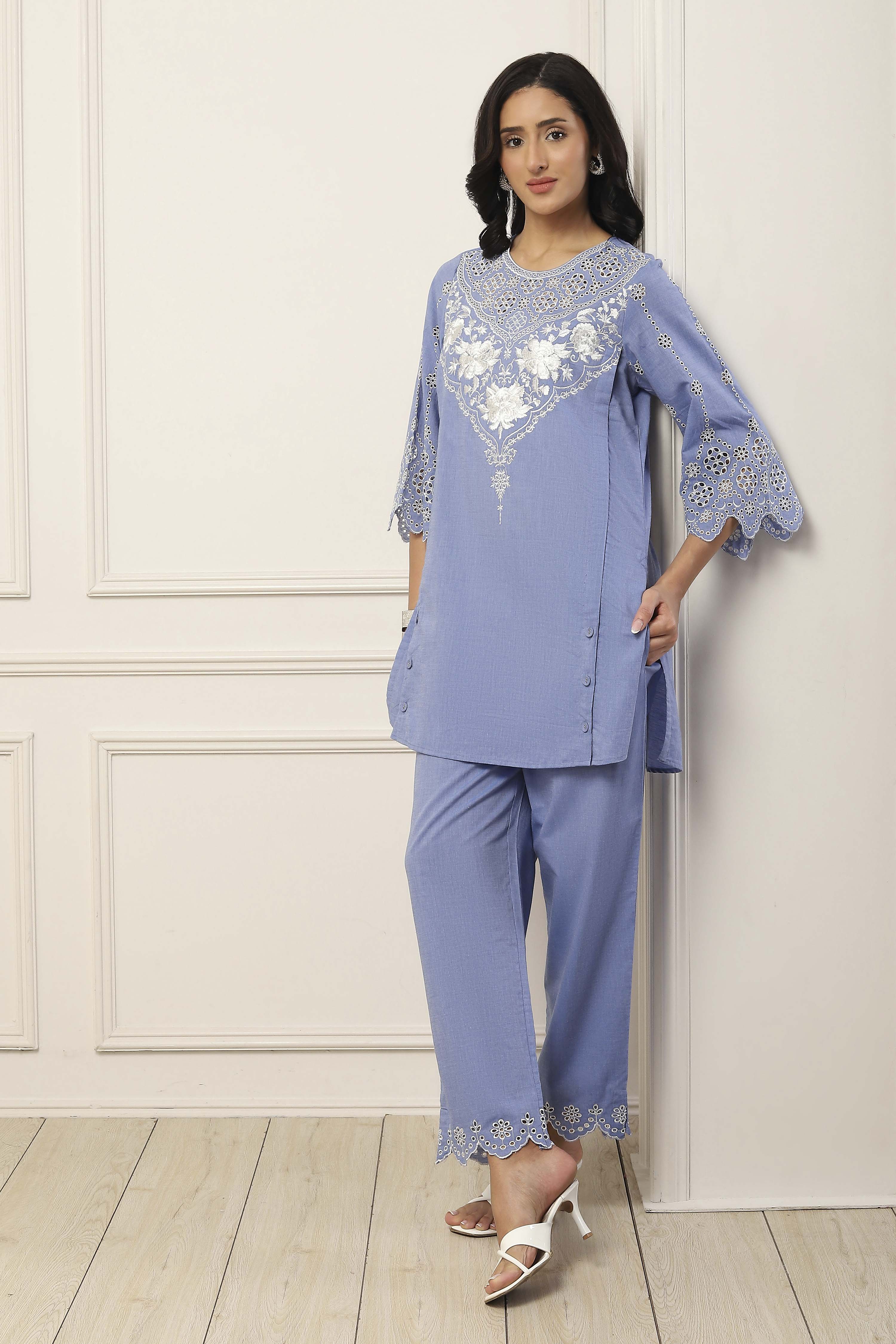 Blue Cotton Embroidered Cutwork Straight Suit Set image number 0