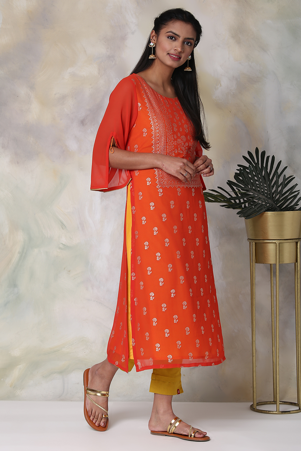 Red Art Silk A-Line Printed Kurta image number 3