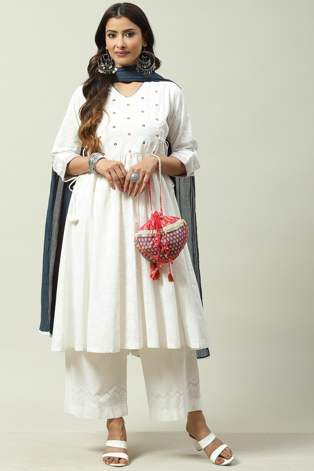 White Cotton Flared Kurta Cropped Palazzo Suit Set image number 0