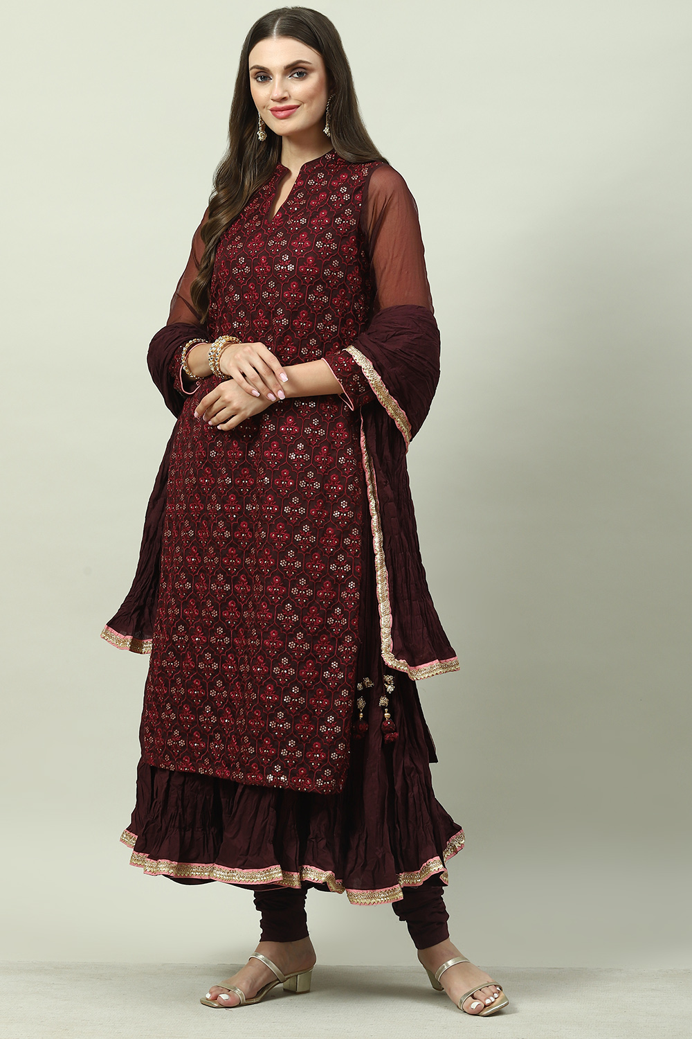 Wine Art Silk Layered Kurta Churidar Suit Set image number 6