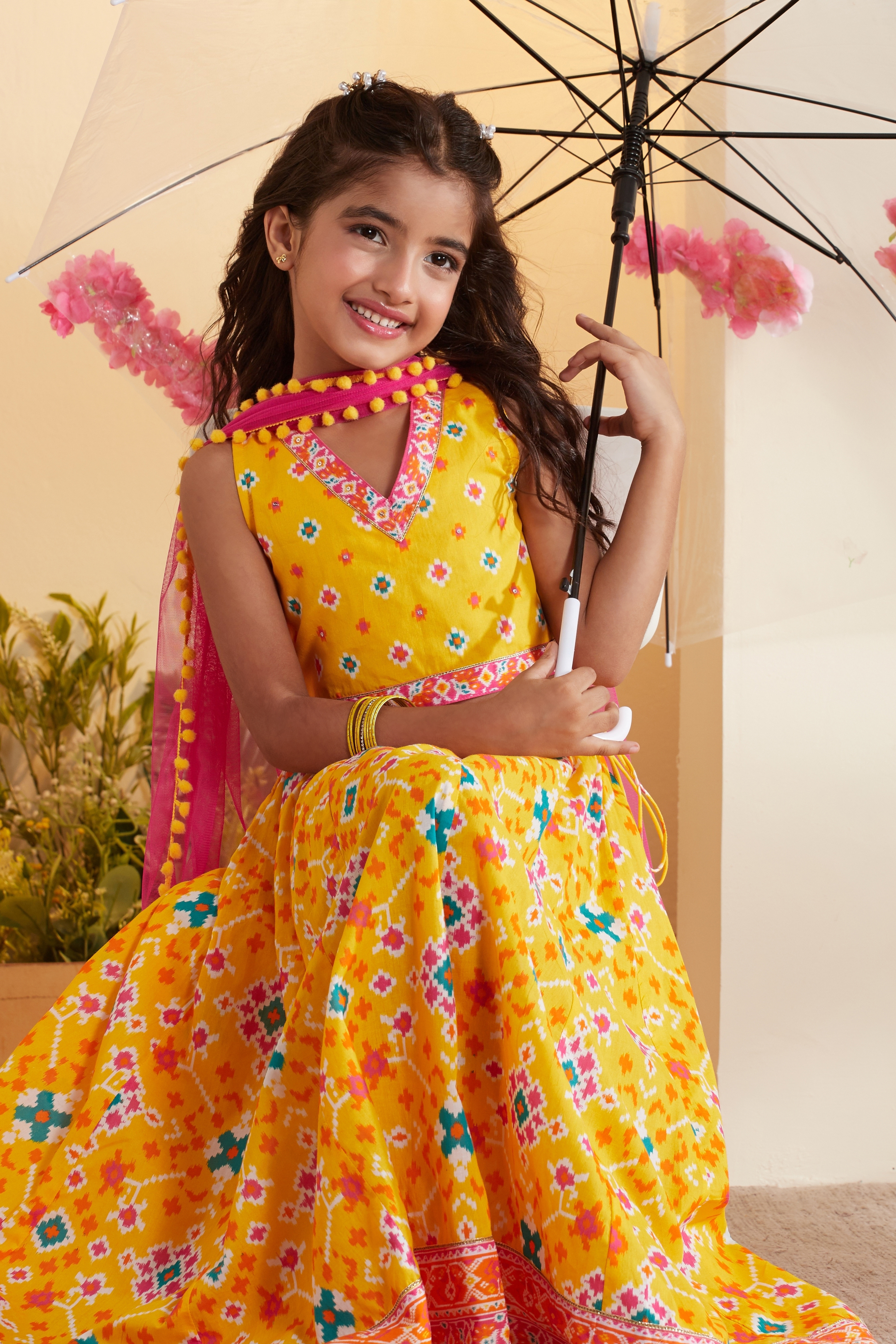 Yellow Printed Cotton Lehenga Set with Pink Dupatta image number 1