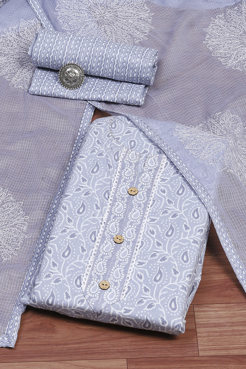 Blue Cotton Unstitched Suit Set image number 0