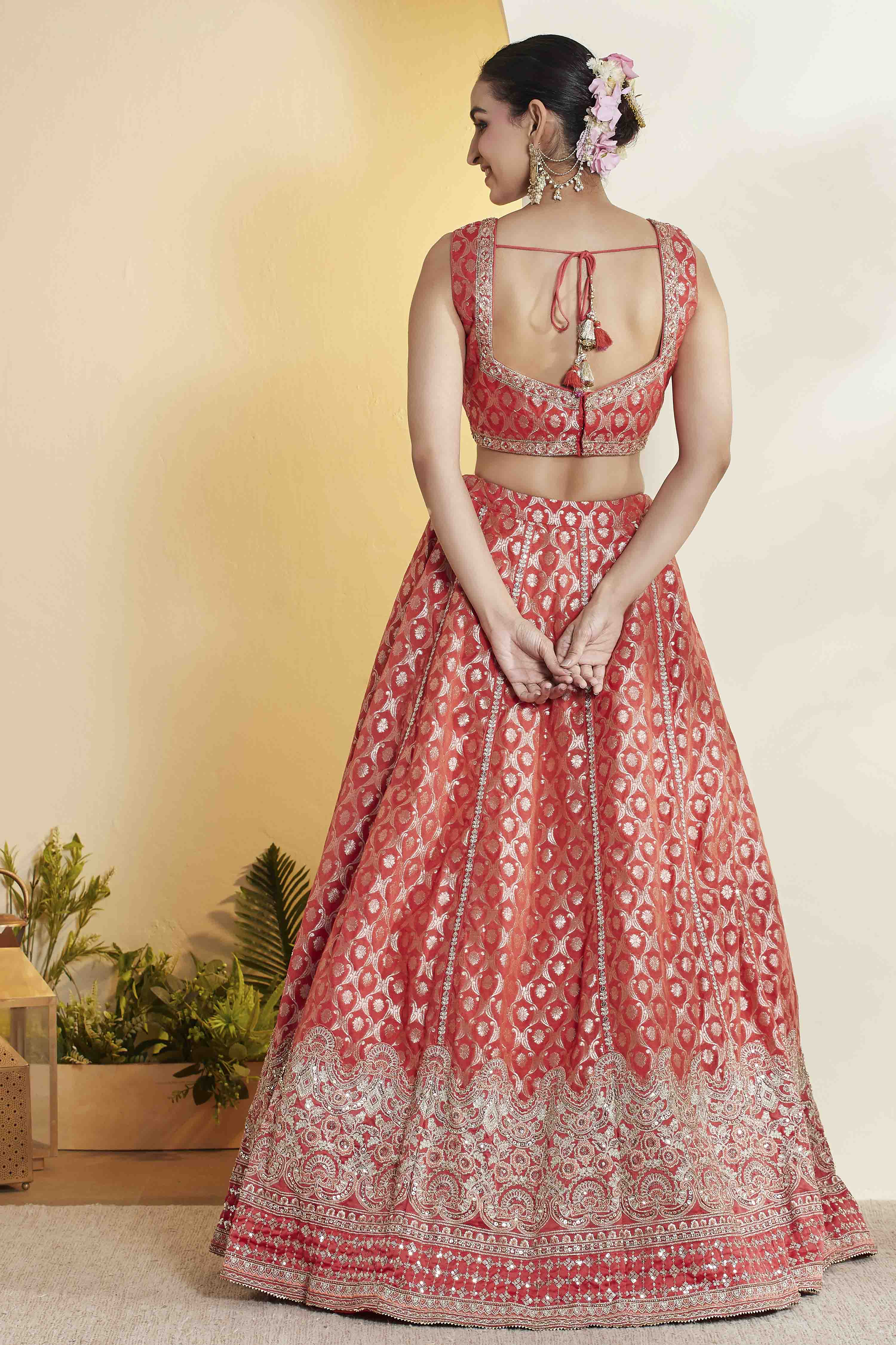 Coral Embroidered Silk Kalidar Lehenga Set image number 6