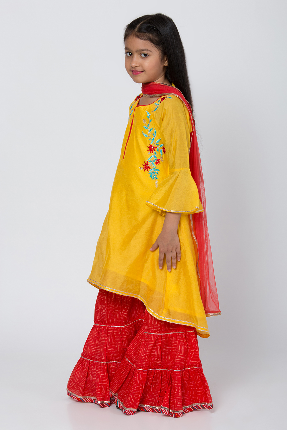 Red And Yellow Poly Cotton Asymmetric Kurta Sharara Suit Set image number 2