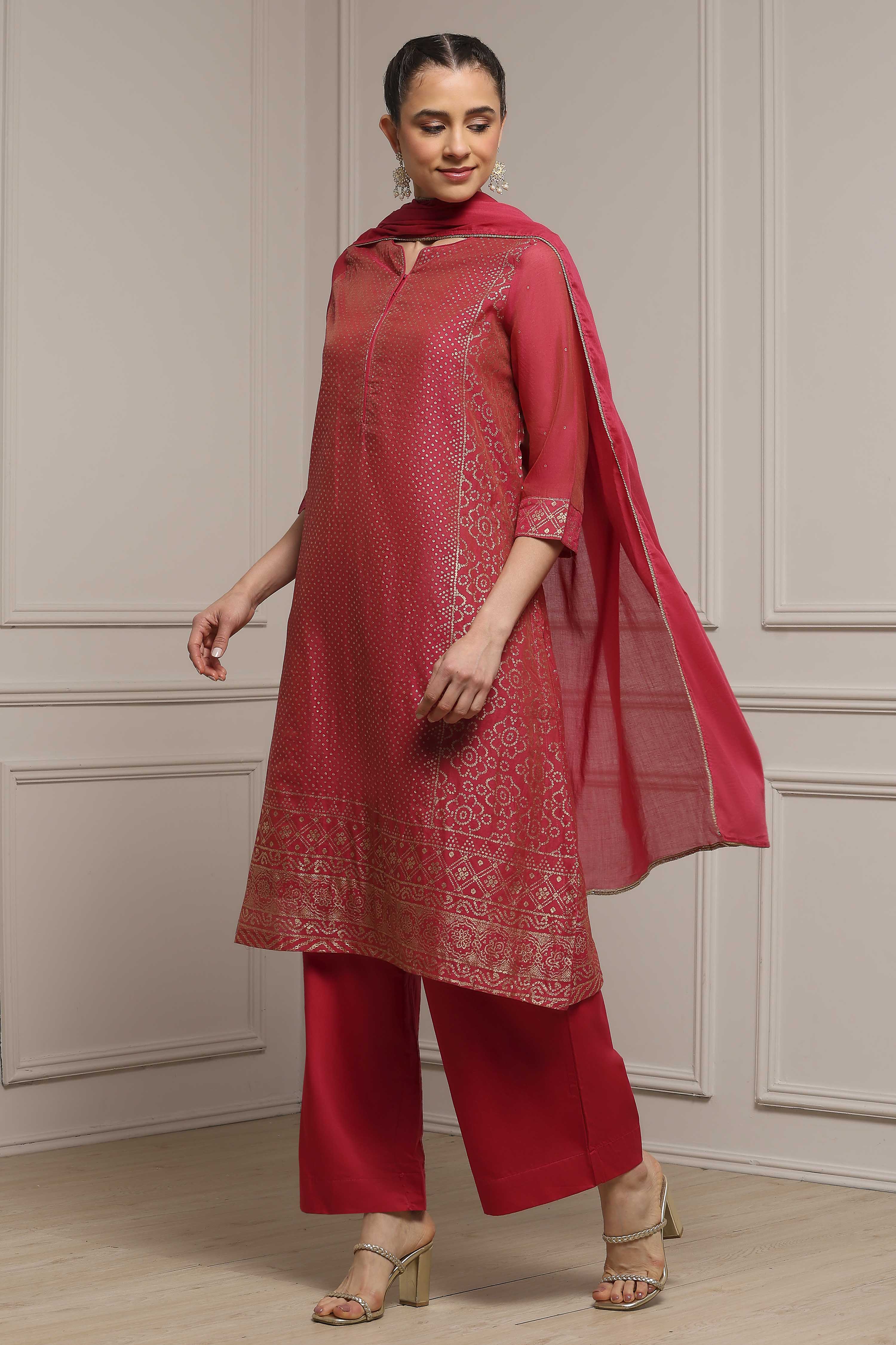 Turquoise Cotton Blend Printed Straight Suit Set image number 3