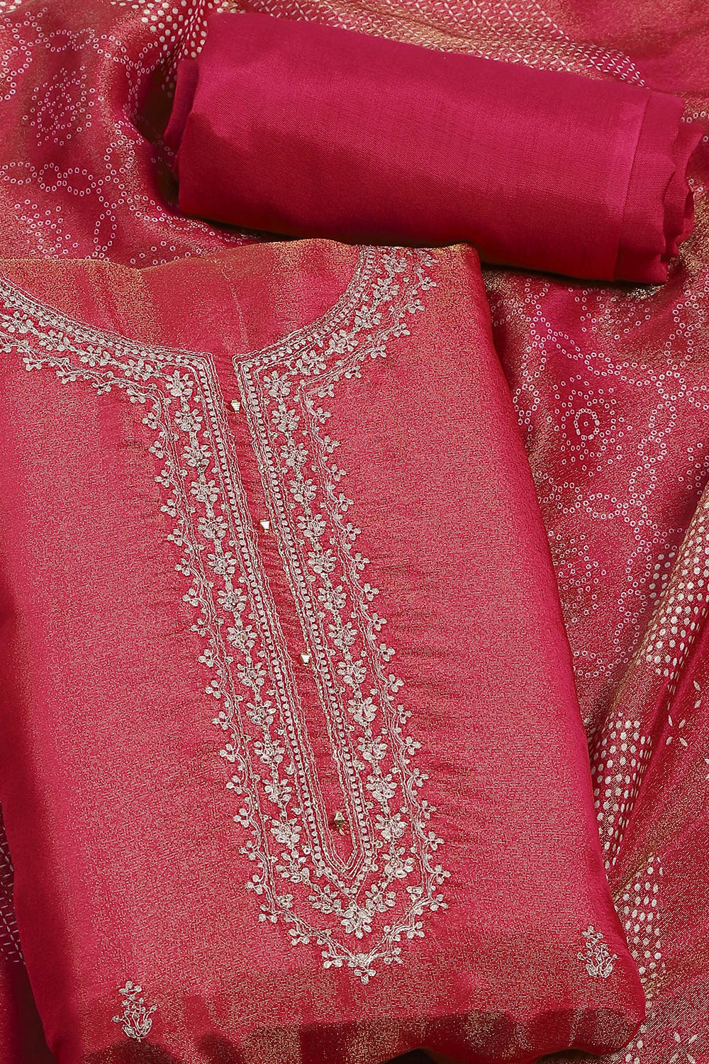Pink Tissue Hand Embroidered Unstitched Suit Set image number 1