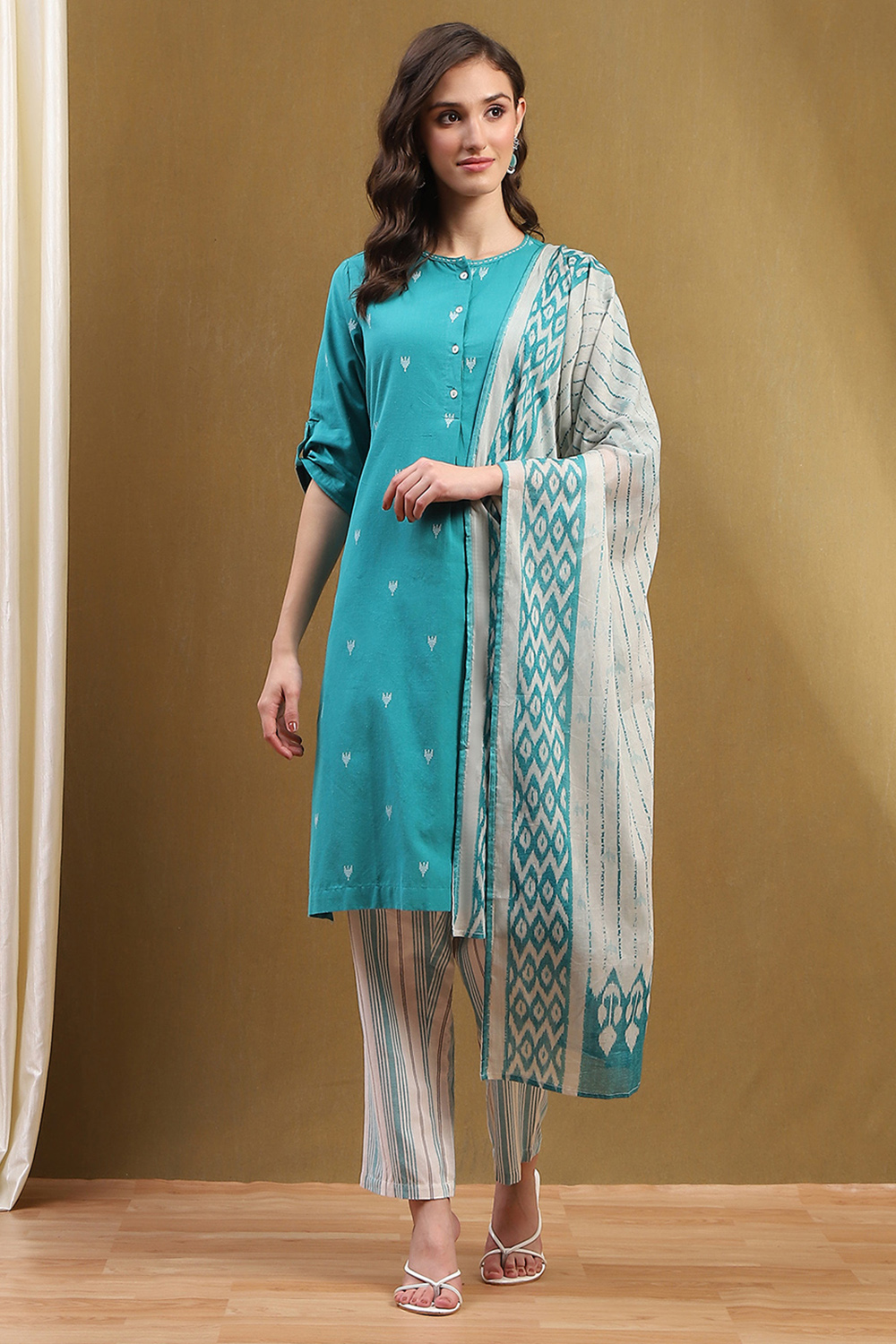 Orange Cotton Printed Straight Suit Set image number 6