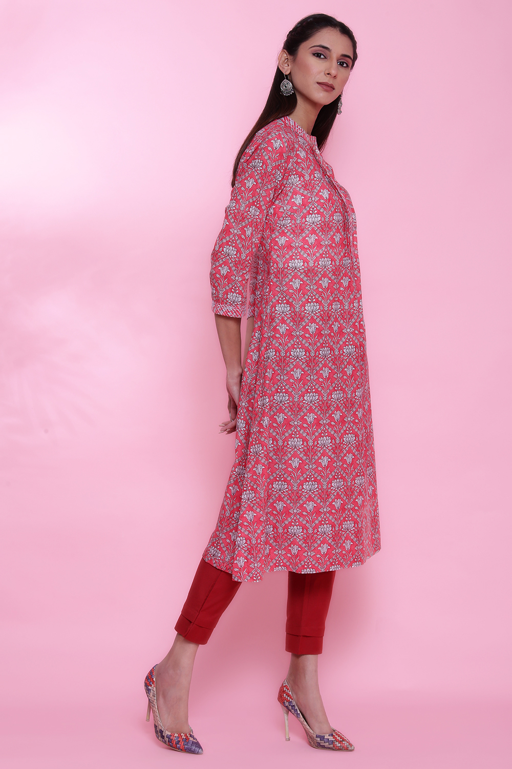 Pink Cotton A-Line Printed Kurta image number 4