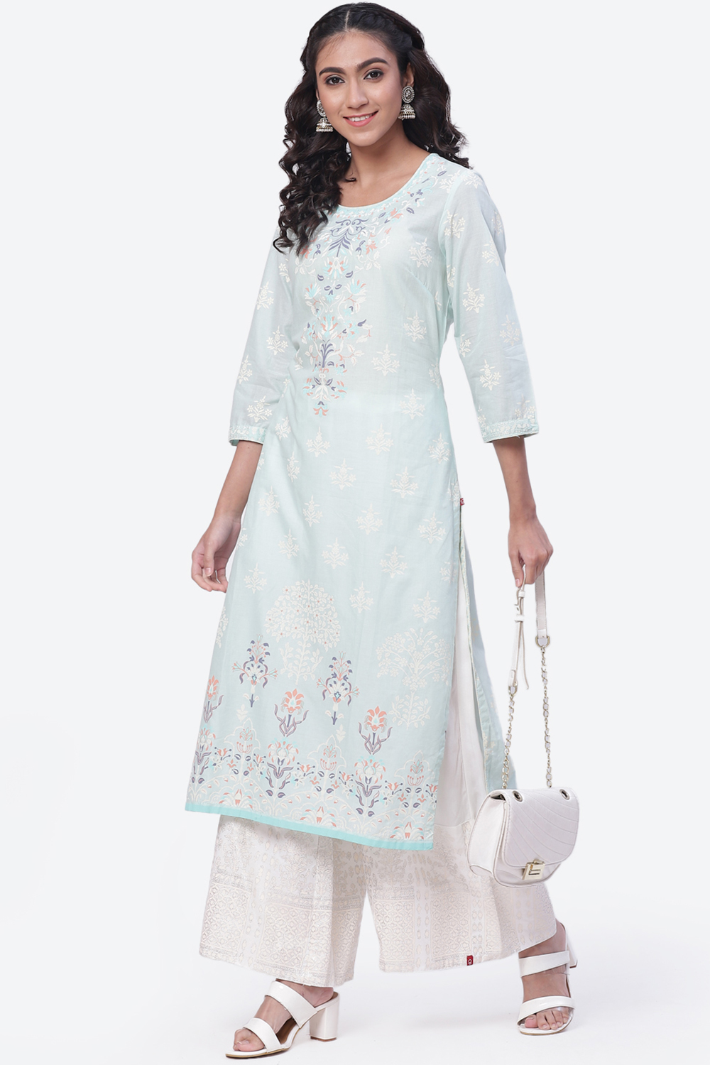 Aqua Blue Cotton Straight Suit Set image number 5