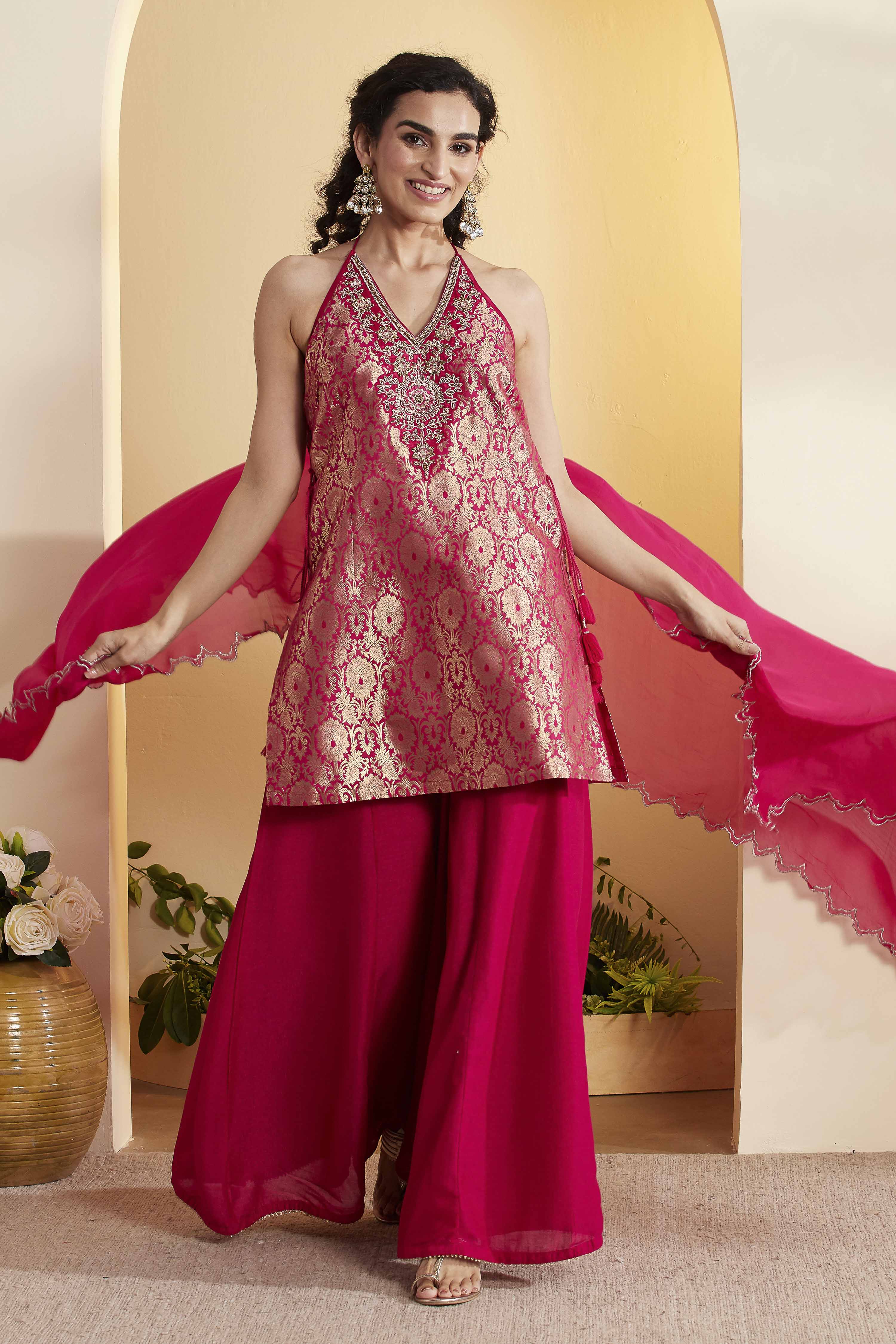 Violet Blue Viscose Rayon Halter Neck Sharara Set image number 6