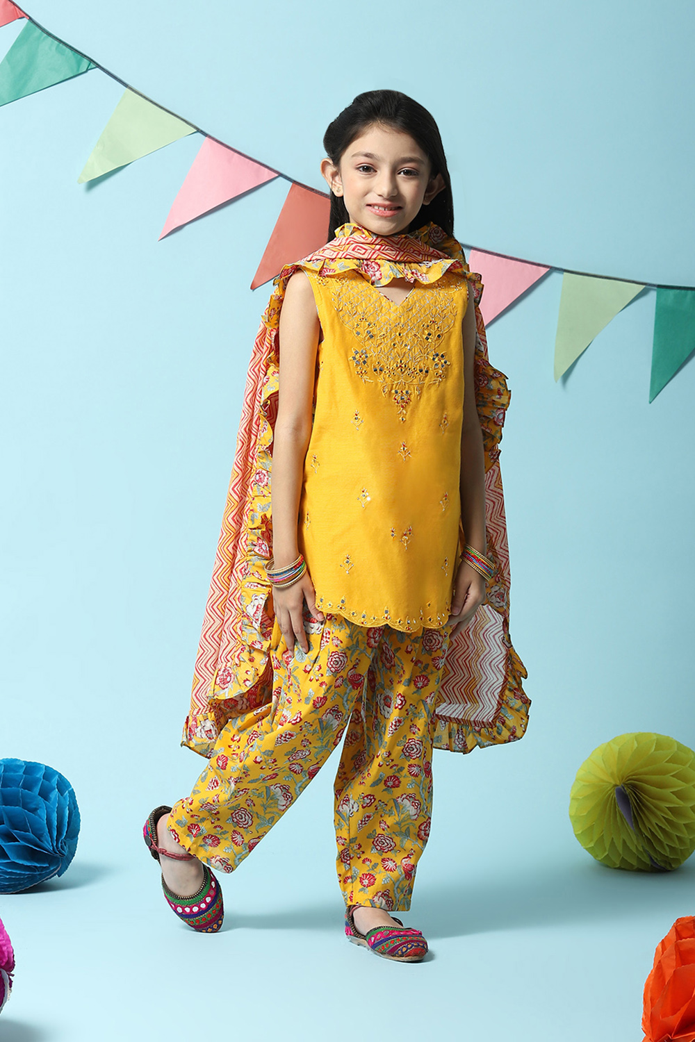 Yellow Poly Cotton A-Line Printed Kurta Dhoti Suit Set image number 6