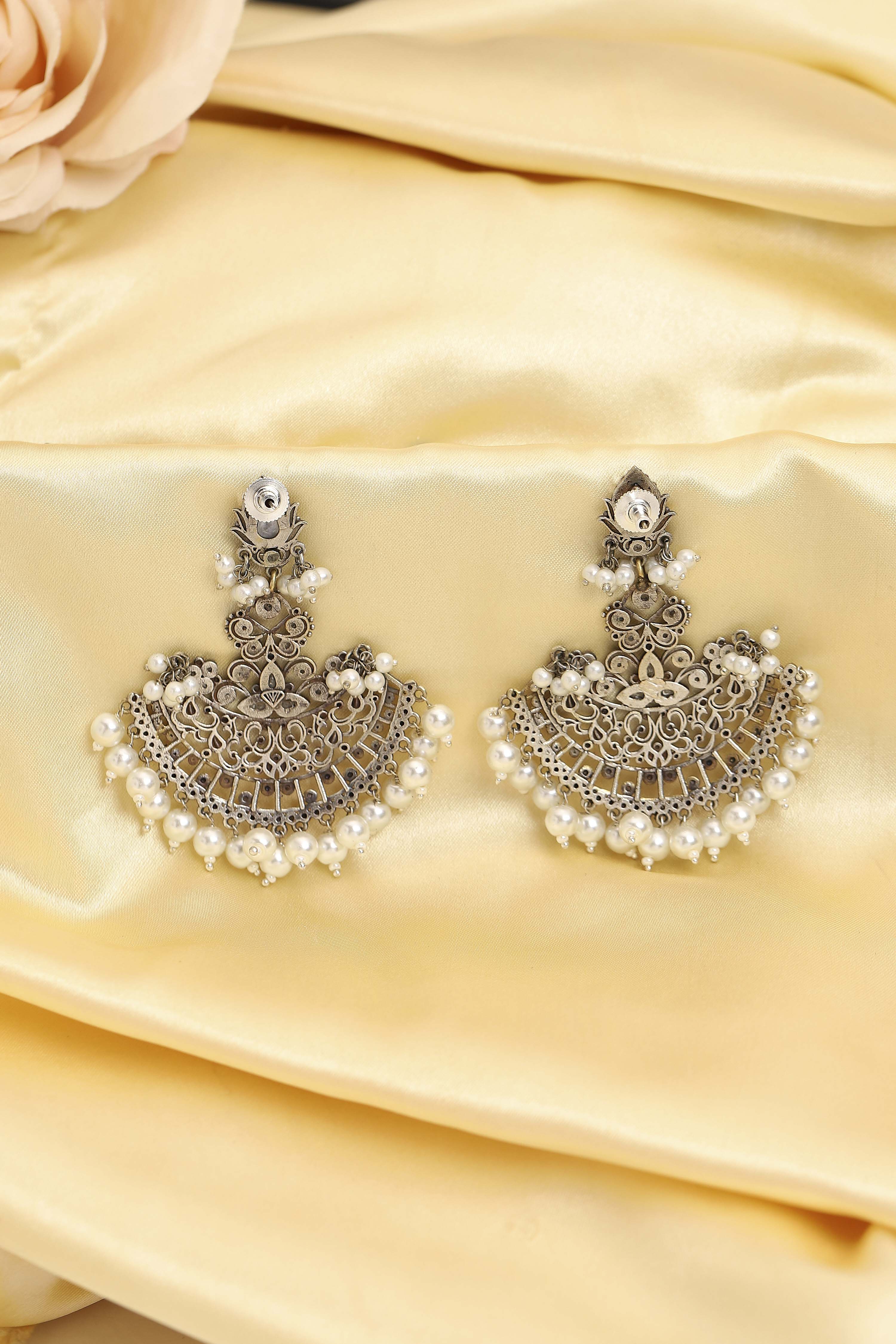 Gold & Silver Toned Oxidised Brass Studded Chandbalis image number 2