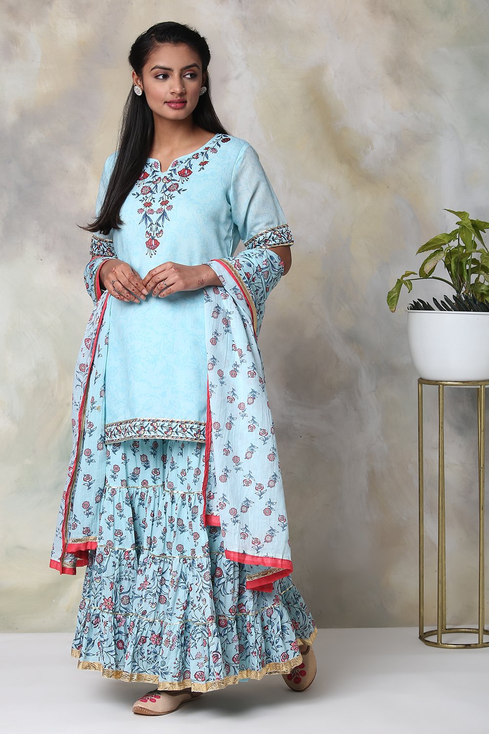 Turquoise Art Silk Kurta Garara Suit Set image number 4