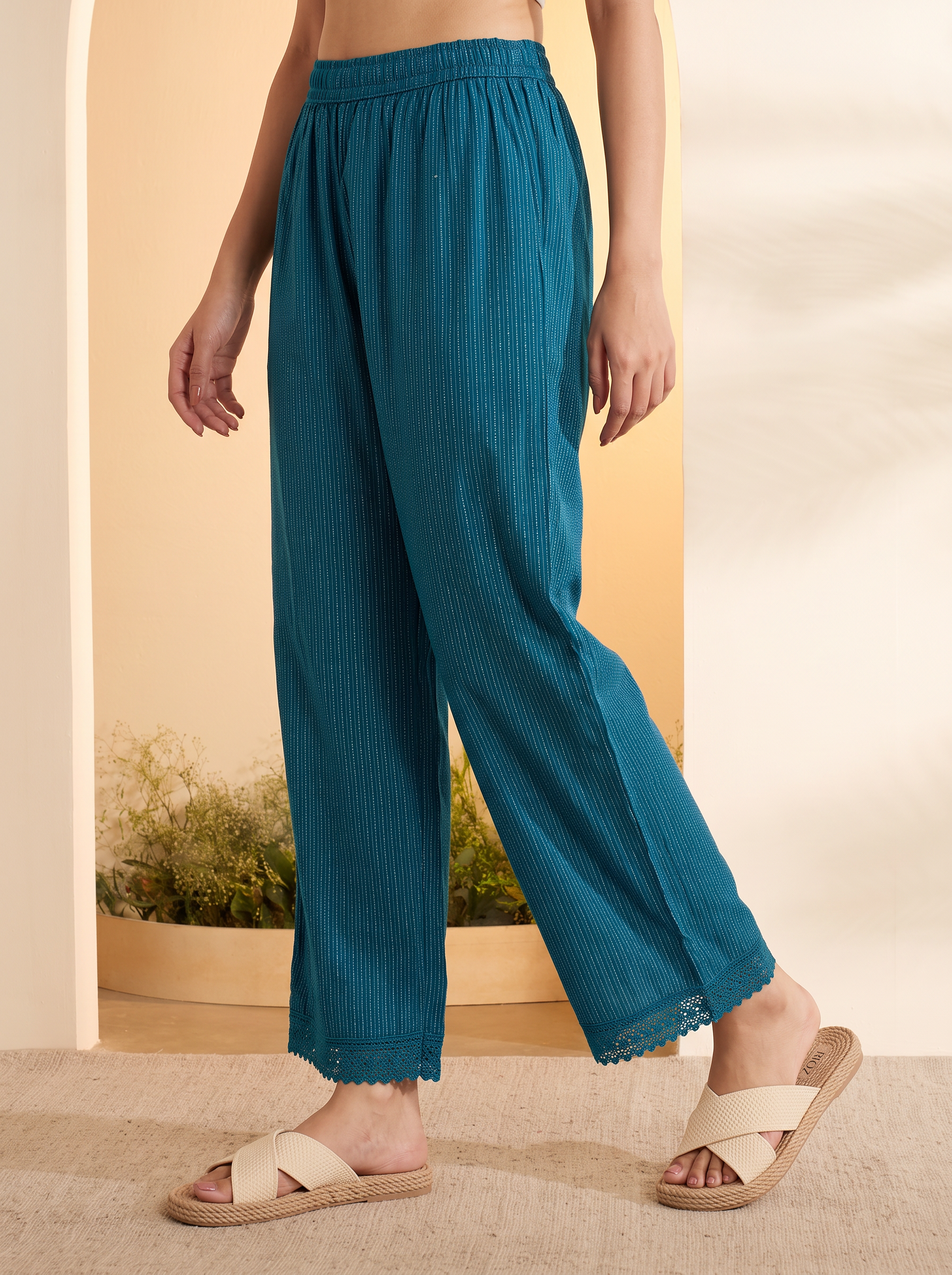 Teal Textured Straight Cotton Palazzo image number 3