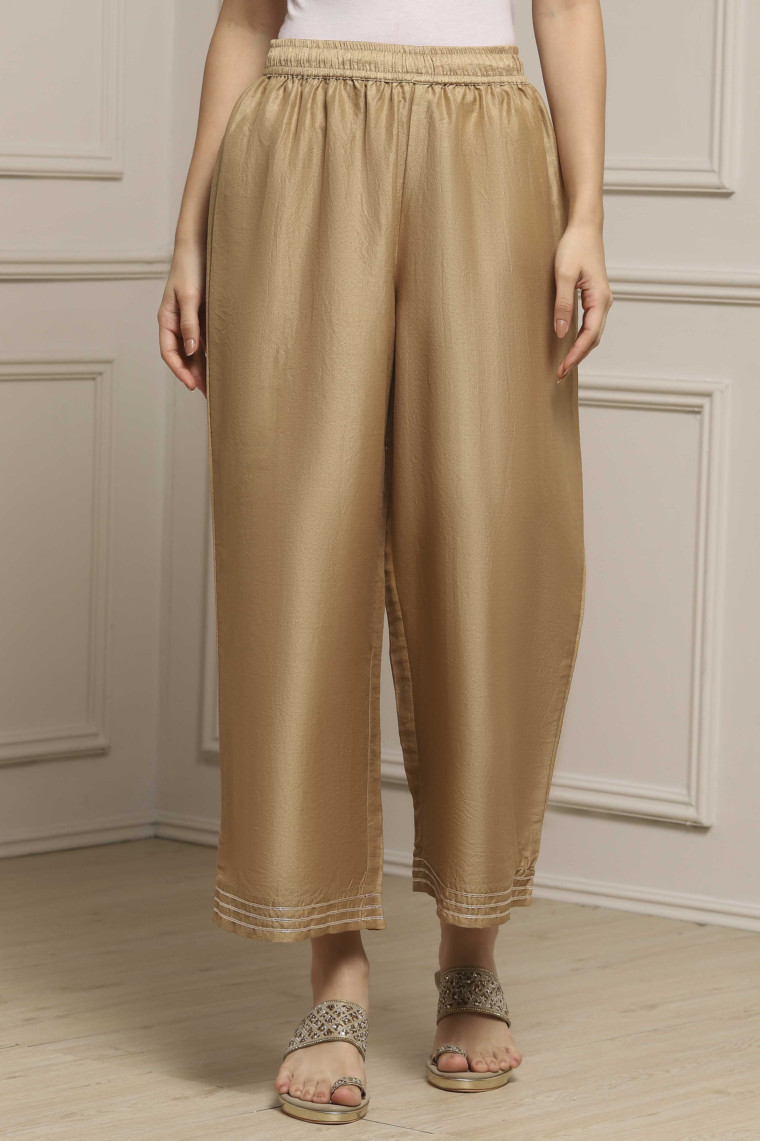 Gold Polyester Straight Palazzos image number 4