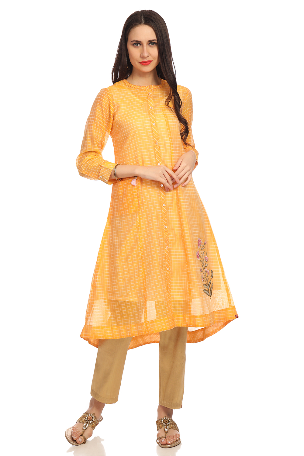 Yellow A-Line Art Silk Yarndyed Kurta image number 0