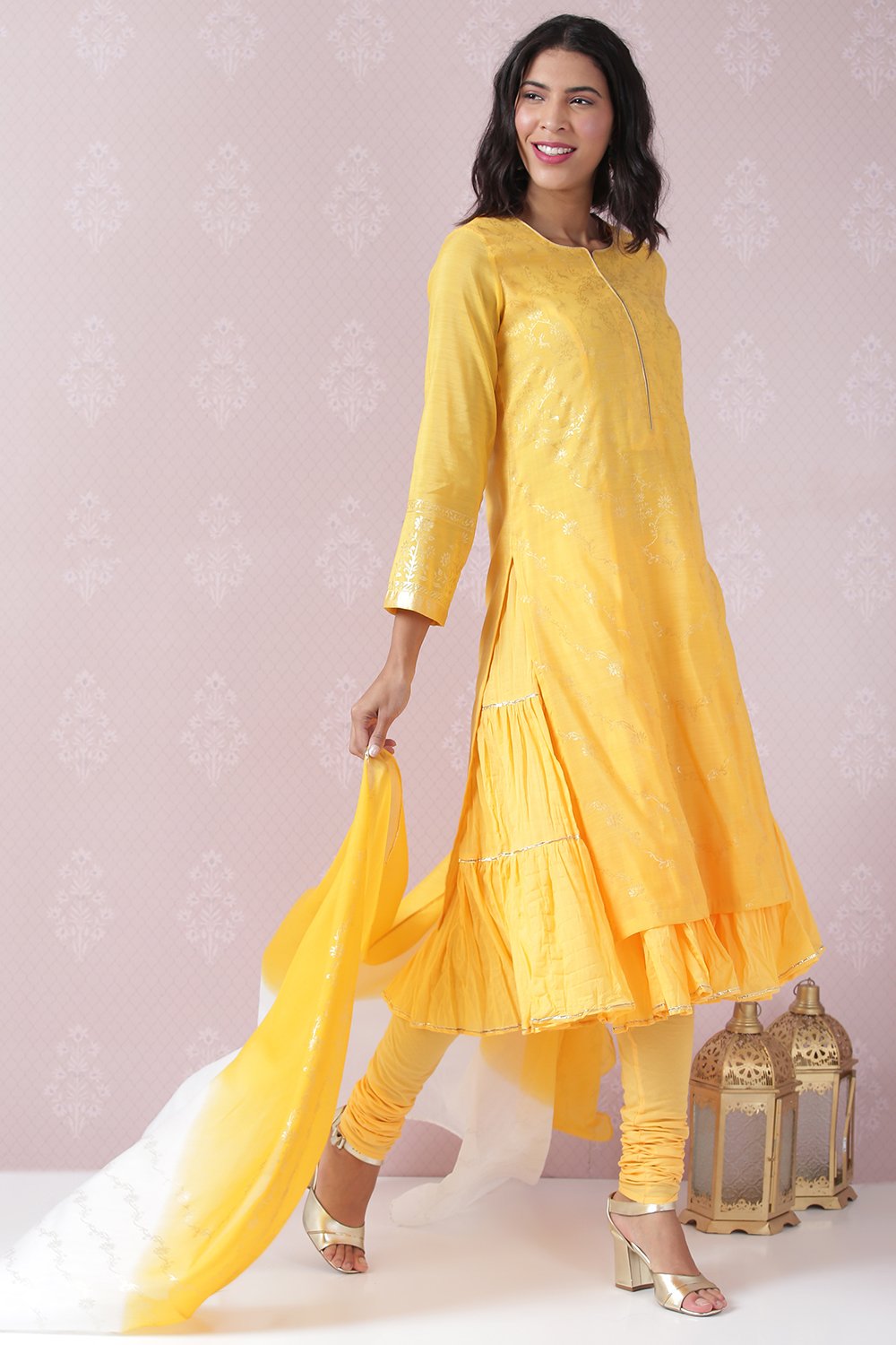 Yellow Art Silk Straight Kurta Churidar Suit Set image number 5