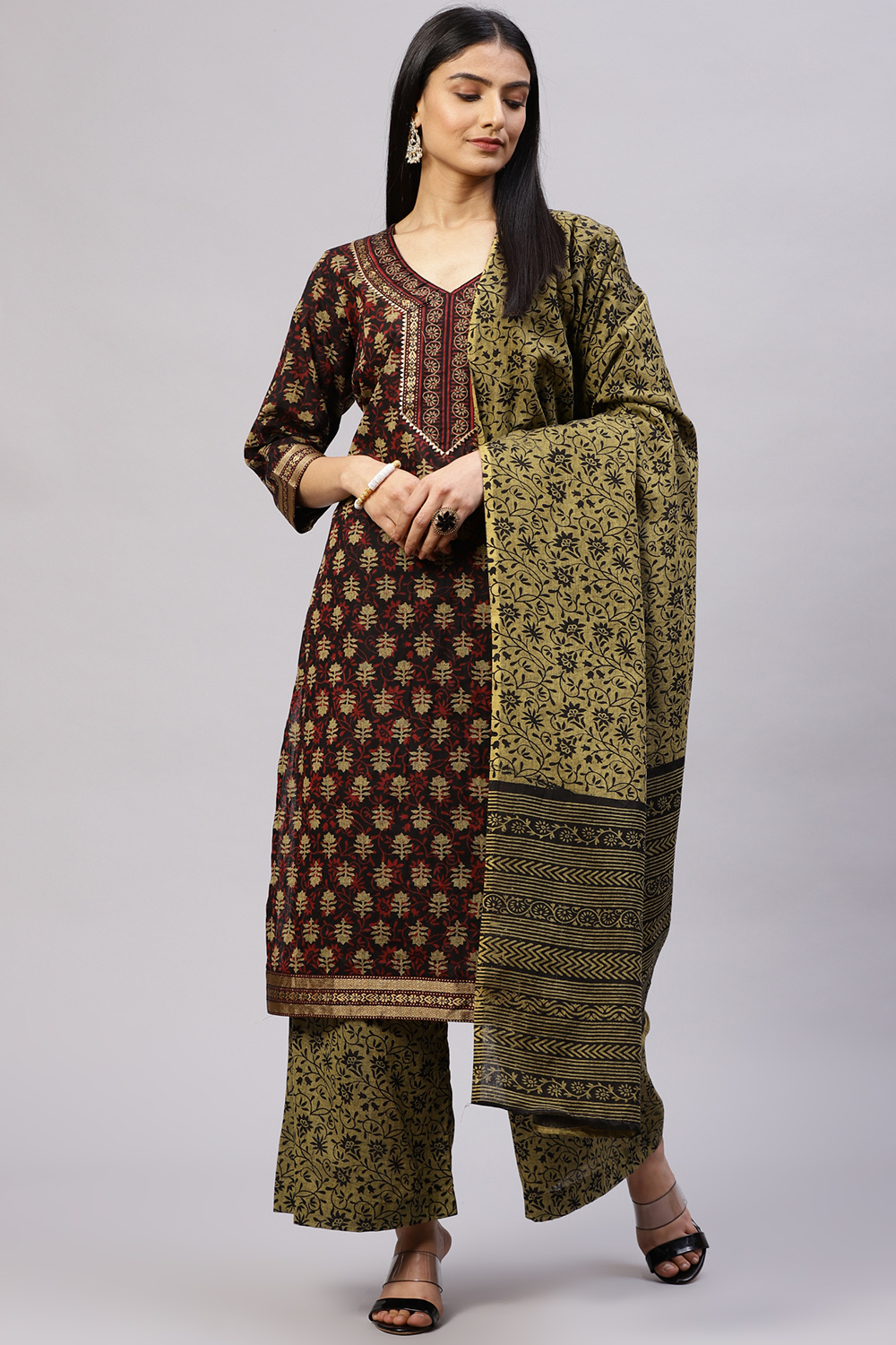 Black Cotton Unstitched Suit Set main image 1