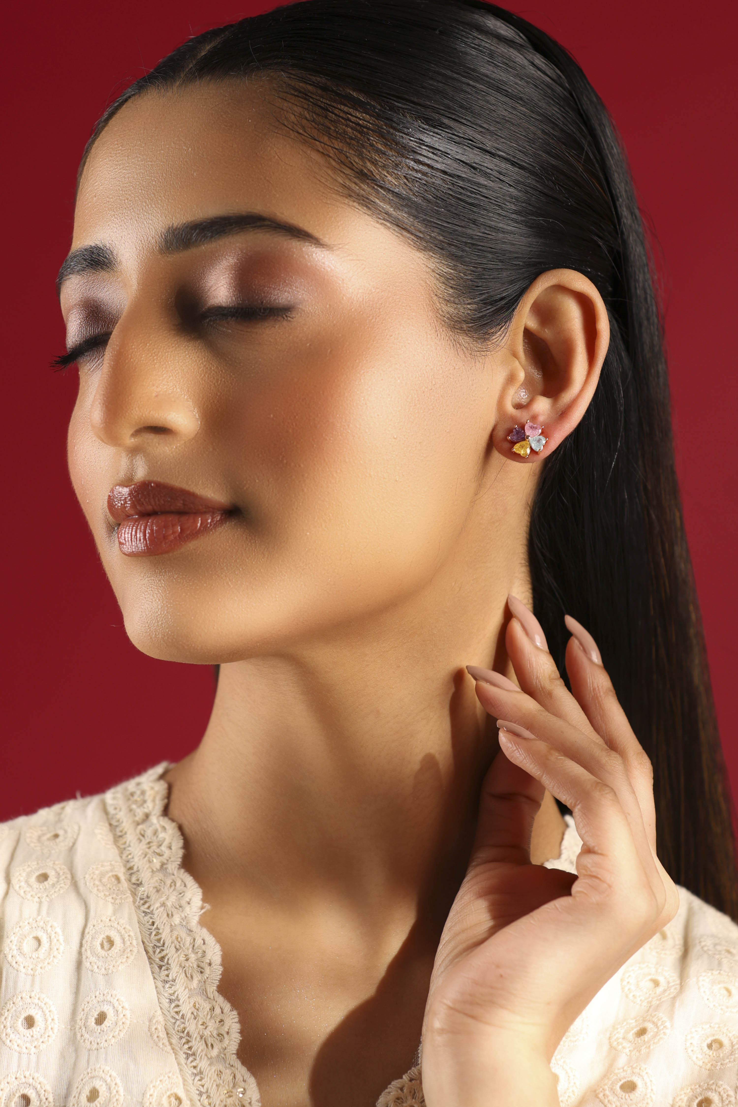 Multicolour Gold Plated Brass Floral Stud Earrings image number 3